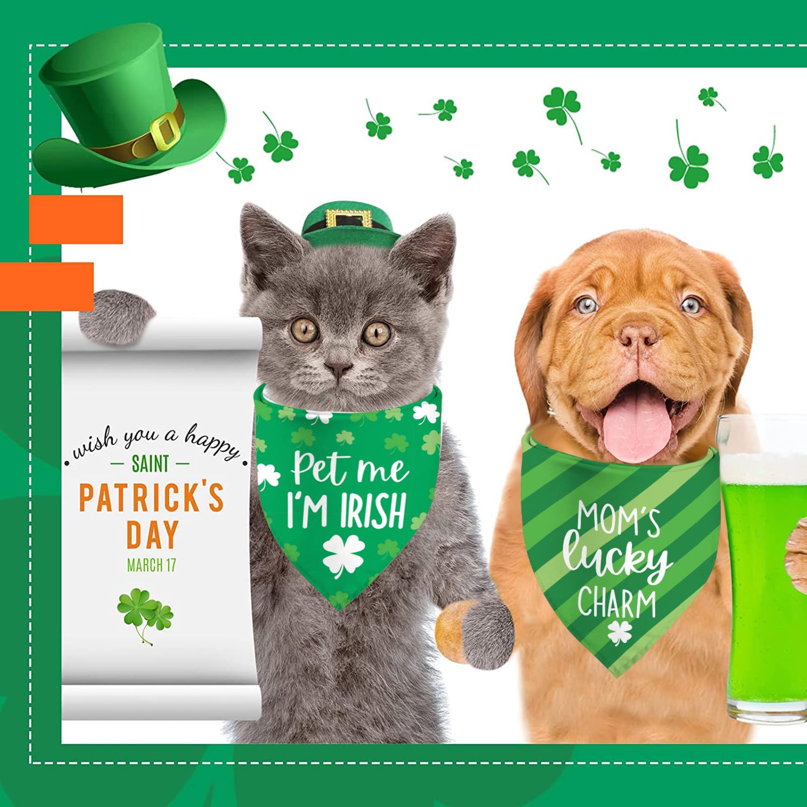 St Patrick'S Day Dog Bandanas - Lucky Shamrock Puppy Scarf - 2 Pcs Adjustable Triangle Double-Layer Reversible Pet Bandanas For