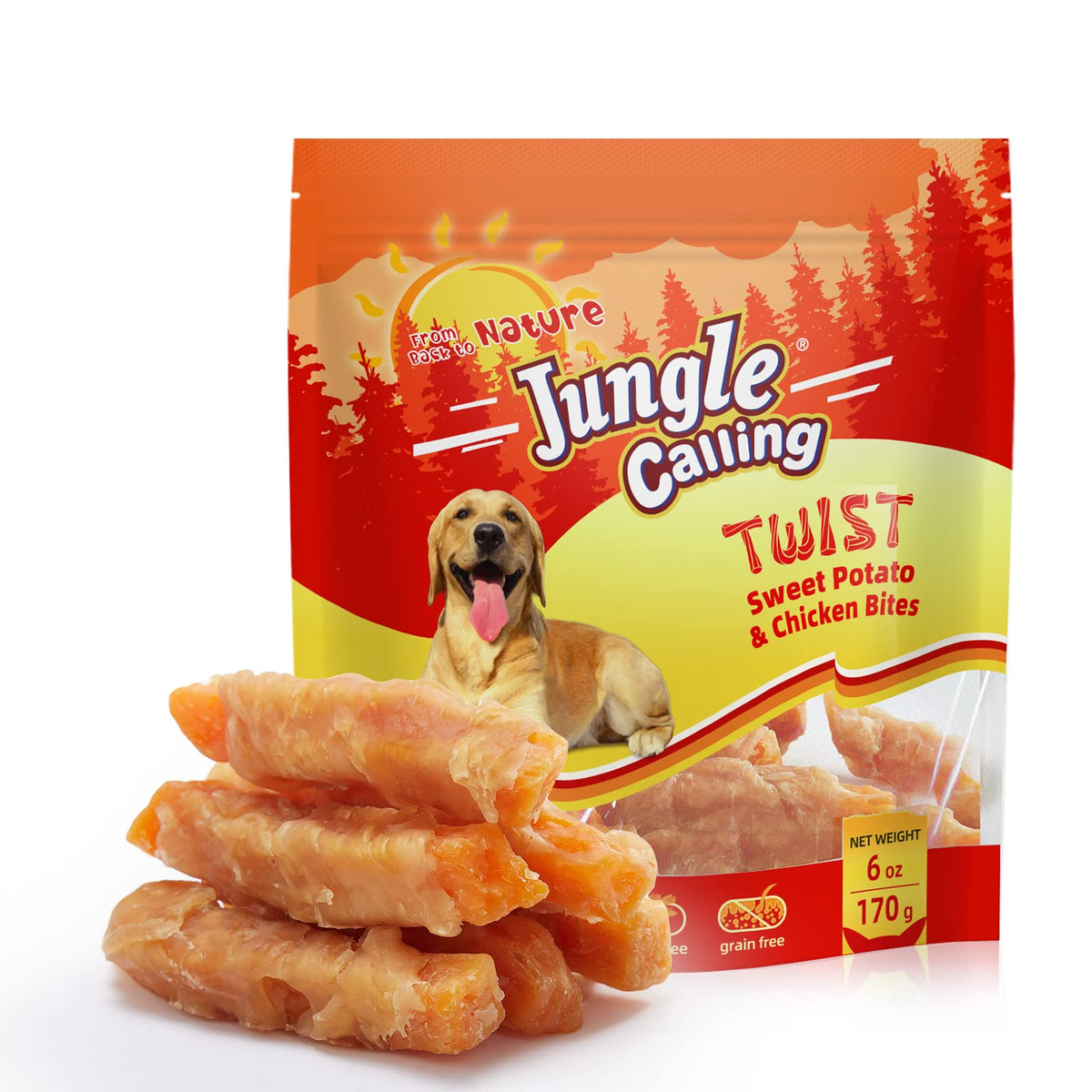 Jungle Calling Dog Treats, Skinless Chicken Wrapped Sweet Potato, Gluten And Grain Free, Chewy Dog Bites For Balanced Nutrition, 6 Oz