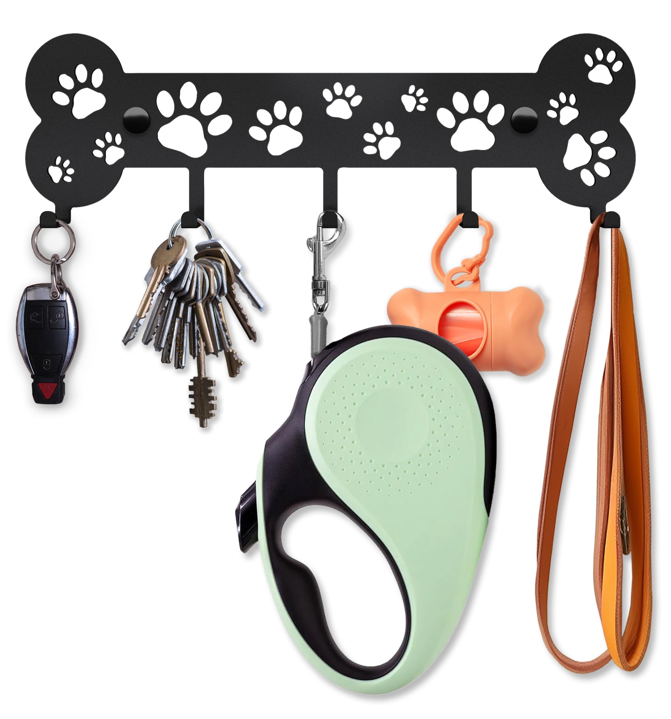 Dog Leash Holder Wall, Dog Leash Hanger Pet Leash Hook Bone and Paw Design - Unique Metal Key Holder for Wall - Decorative Dog L