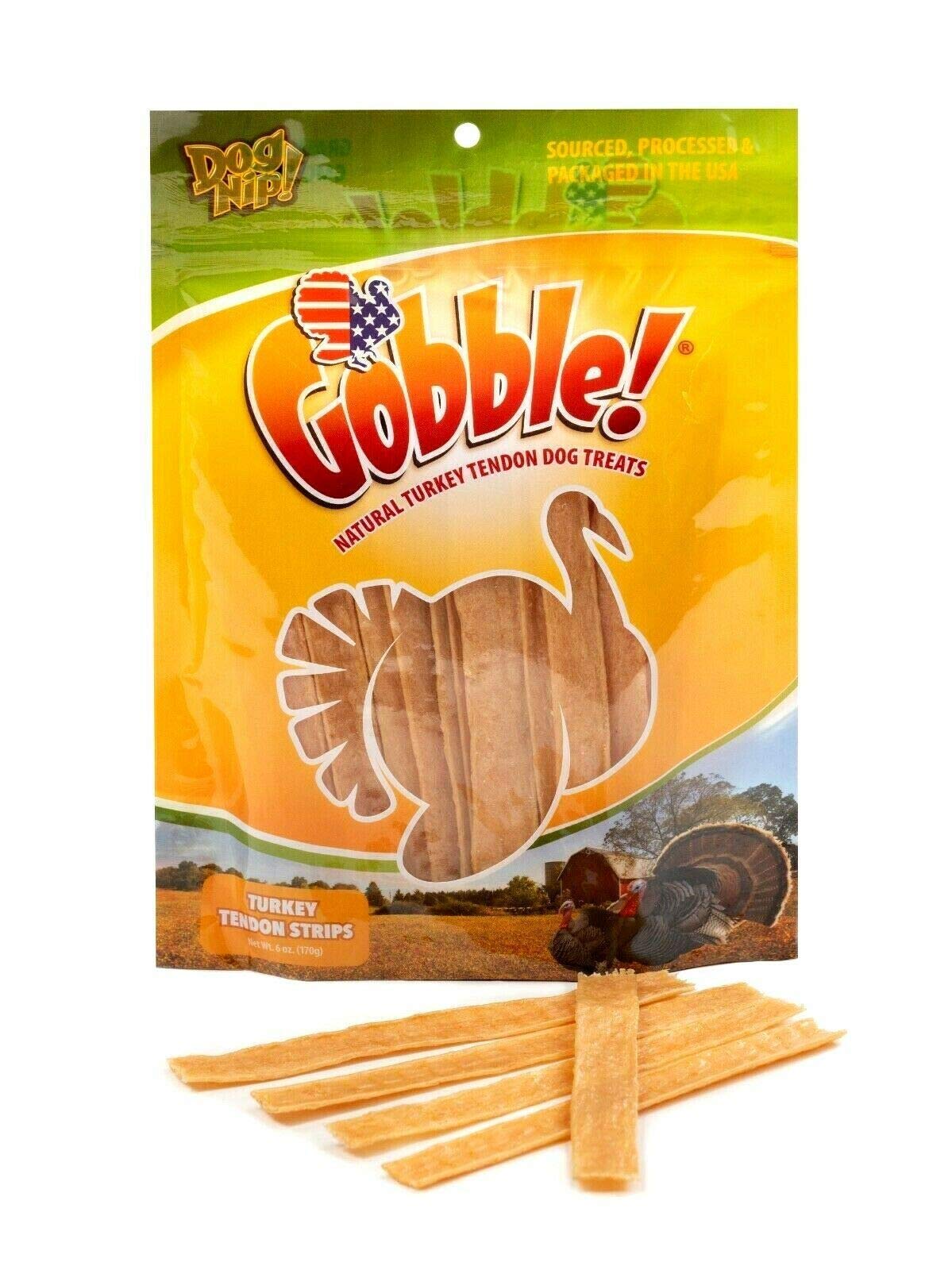Gobble! 6-Inch Turkey Tendon Strips for Dogs, 6 oz. (170g) Reseal Value Bag, Made in USA, All-Natural Hypoallergenic Dog Chew Tr