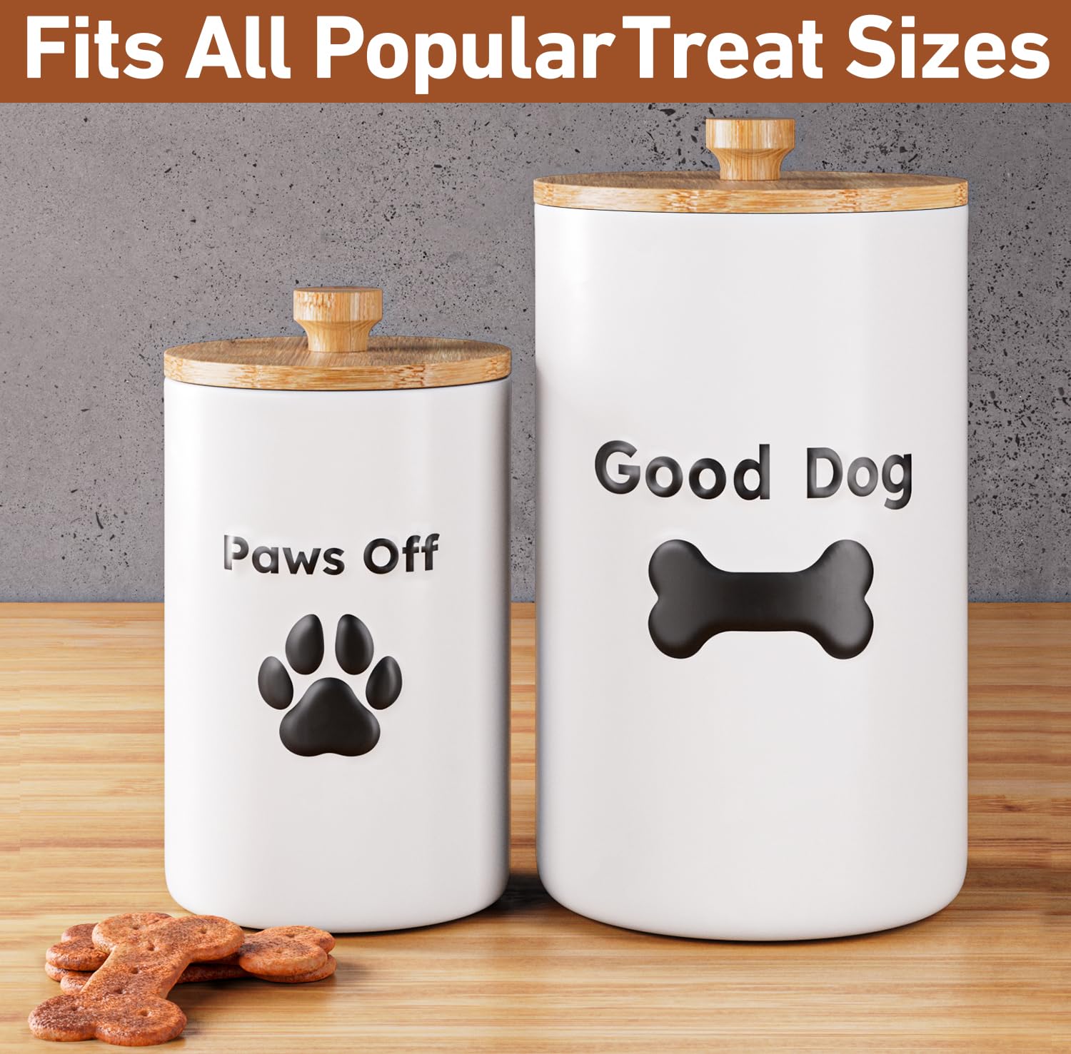 Dog Treat Container Airtight Set of 2 - 9x5 & 7x4 inch Ceramic Dog Treat Jars for Kitchen Counter with Airtight Lids - 11 Cup Ca