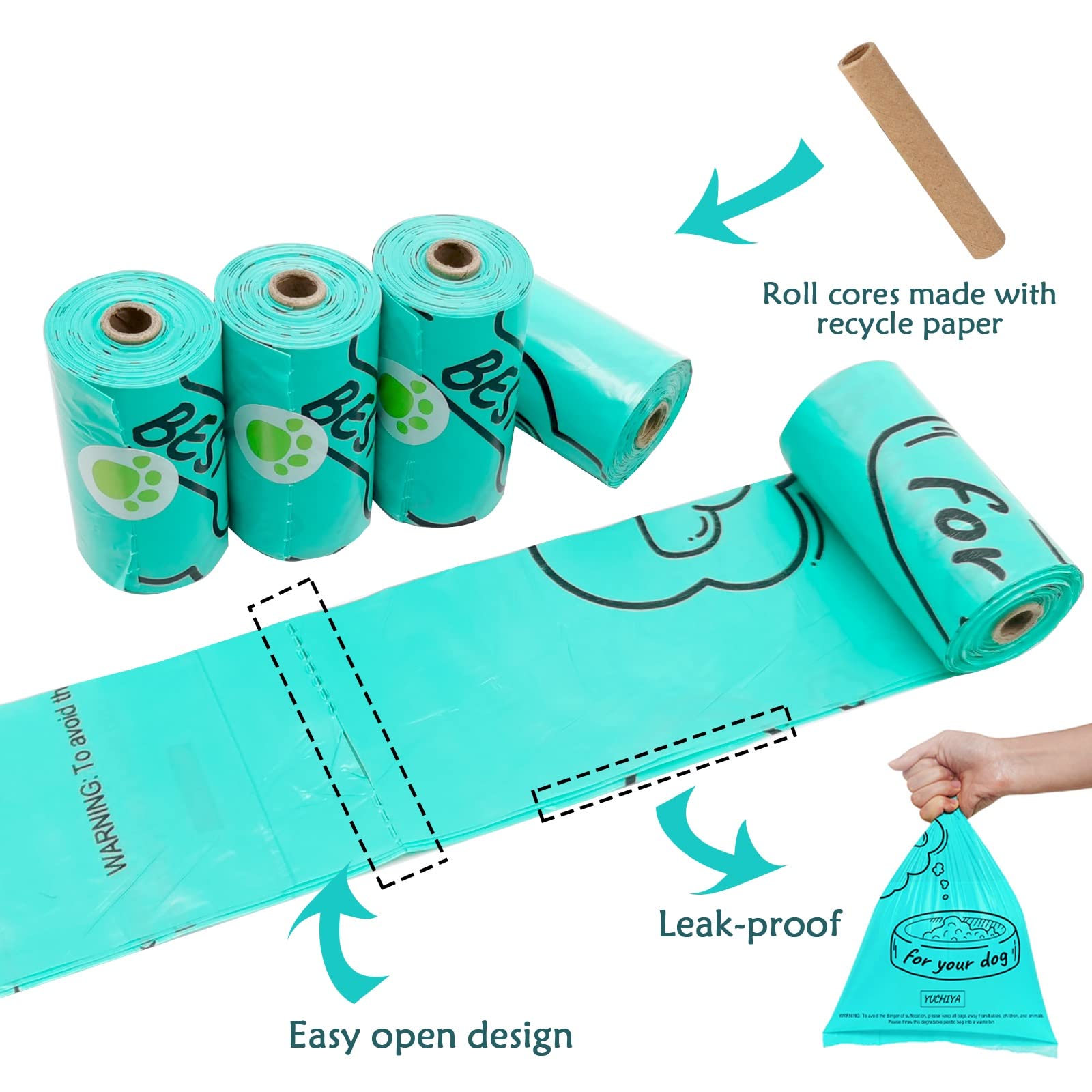 YUCHIYA Dog Poop Bag Dispenser with Flashlight, Leash Clip, Straps, 1 Roll, Acrylic, Crystal Blue