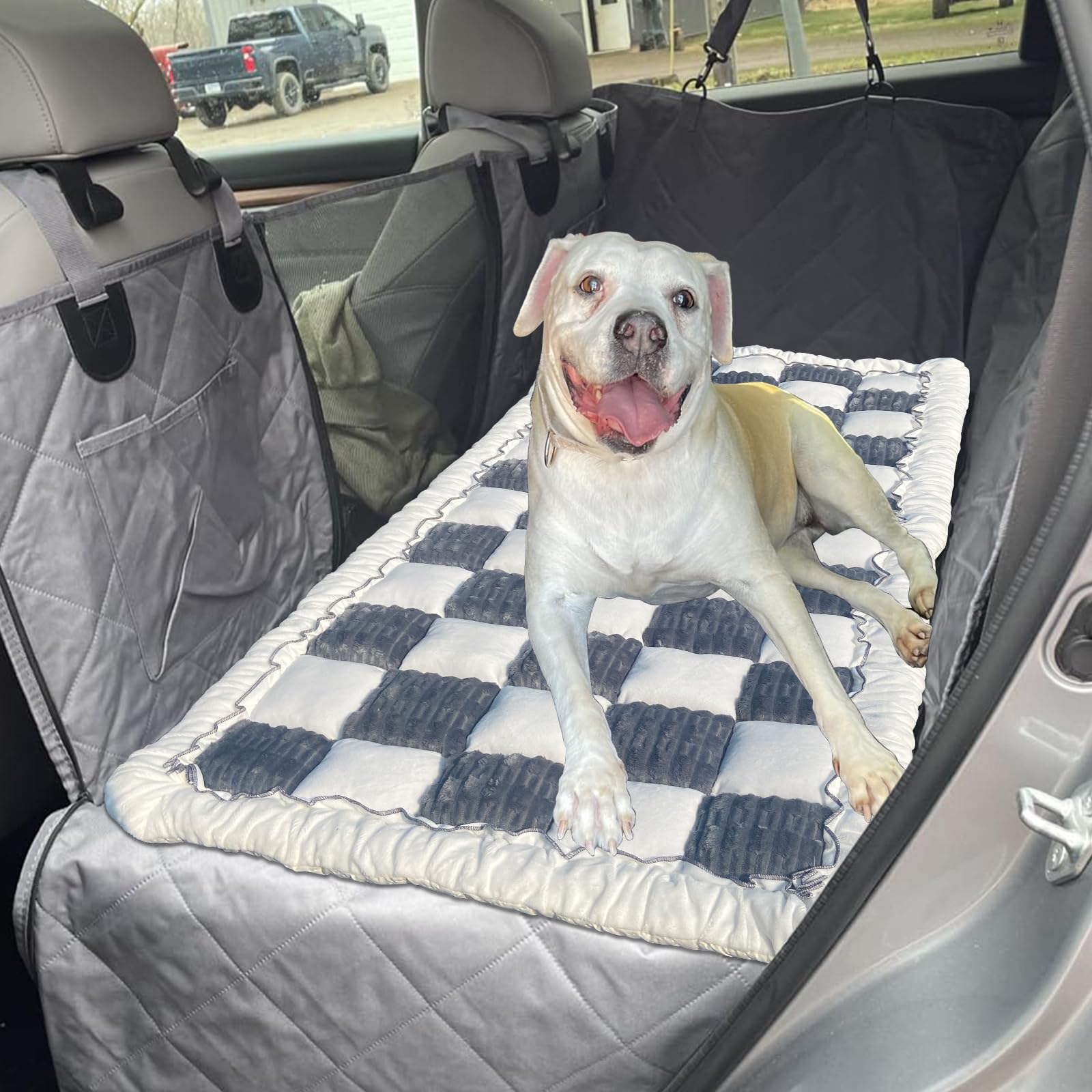 Dog Bed Mat For Car Backseat Extender, Non-Slip Plaid Pet Bed Mat For Car Back Seat Protector Cover, Furry Dog Couch Cover, Flan