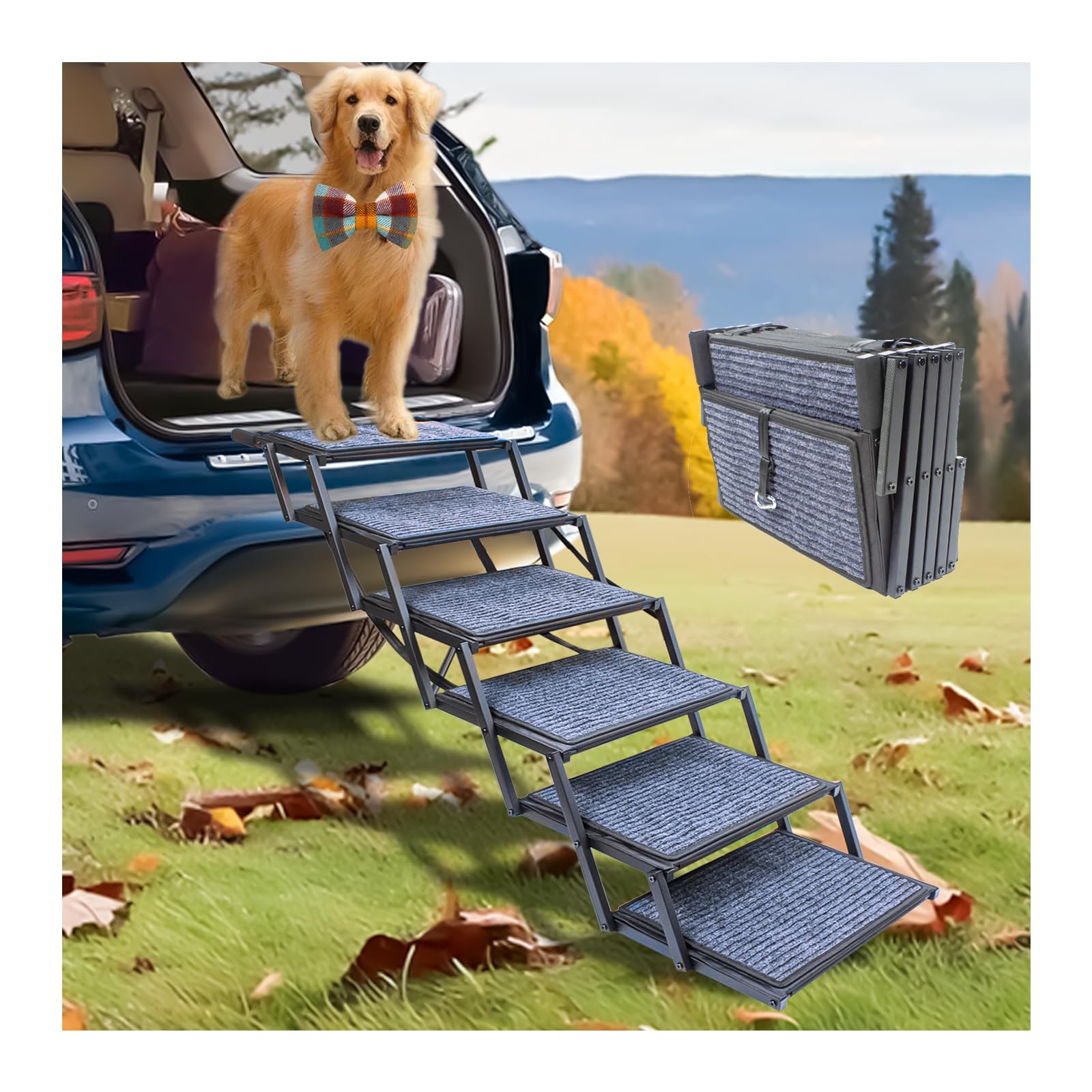 Extra Wide Dog Ramp for Car Truck and SUV Dog Stairs for Large Dogs Folding Pet Stairs with Non-Slip Rug Surface Supports Up to 