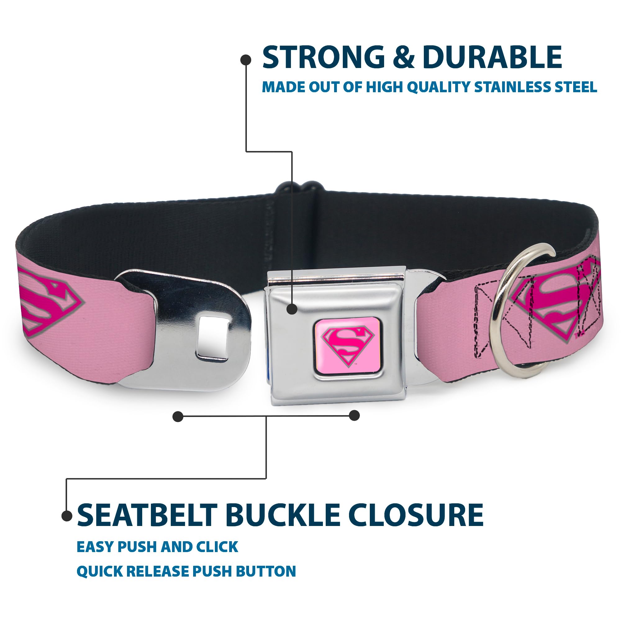 Buckle-Down Dog Collar Seatbelt Buckle Superman Shield Pink 9 To 15 Inches 1.0 Inch Wide, Multi Color (Dc-Wsm006-S)