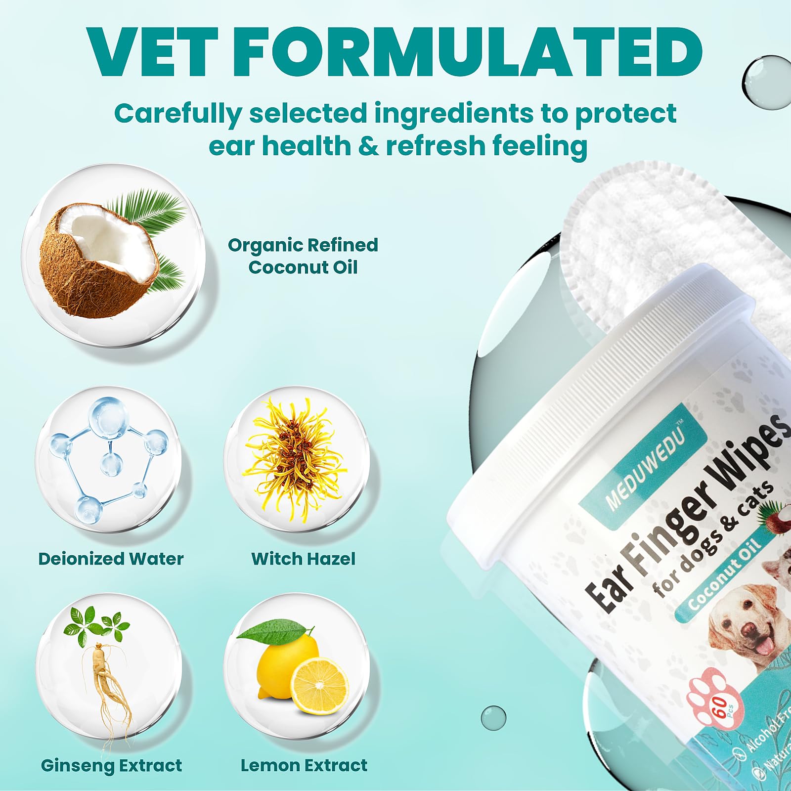 MEDUWEDU Wider Ear Cleaner Finger Wipes 60 Counts, Dog Ear Cleaner, Grooming Kit Care for Dogs and Cats,Otic Cleaning Pads, Remo