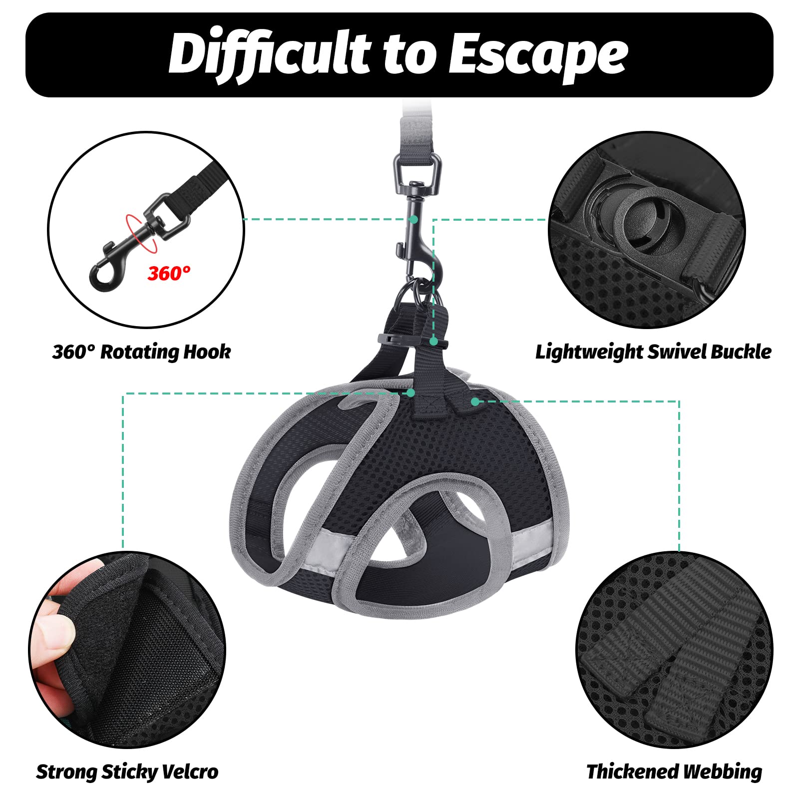 FAYOGOO Cat Harness and Leash Set, Escape Proof, XL, Black, Polyester for Small Cats/Dogs, Adjustable S-XXL