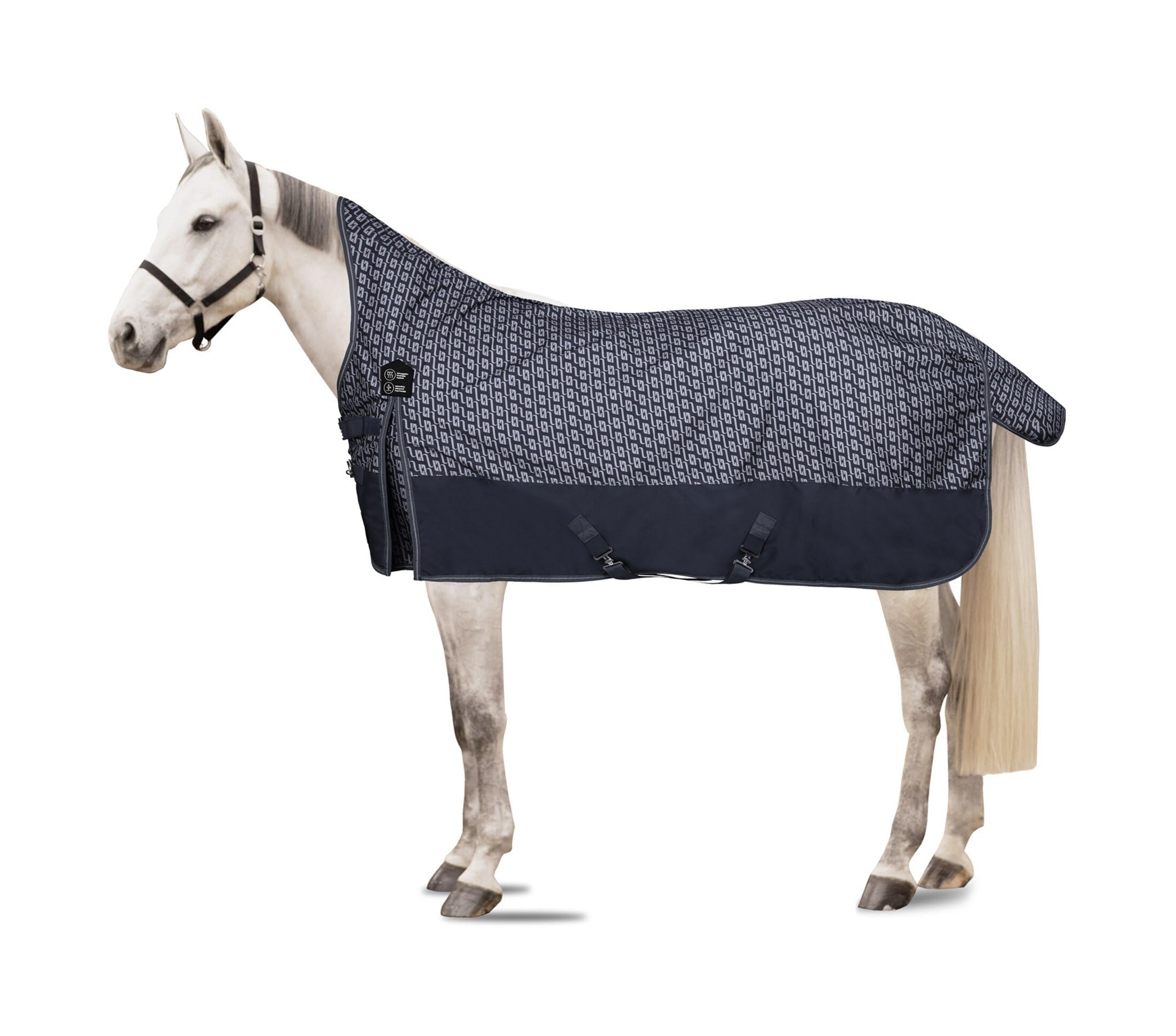 HORZE Avalanche 1200D High Neck Turnout Rain Sheet (No Fill) | Lightweight Waterproof Horse Blanket - Dark Navy/Dawn Grey Print 
