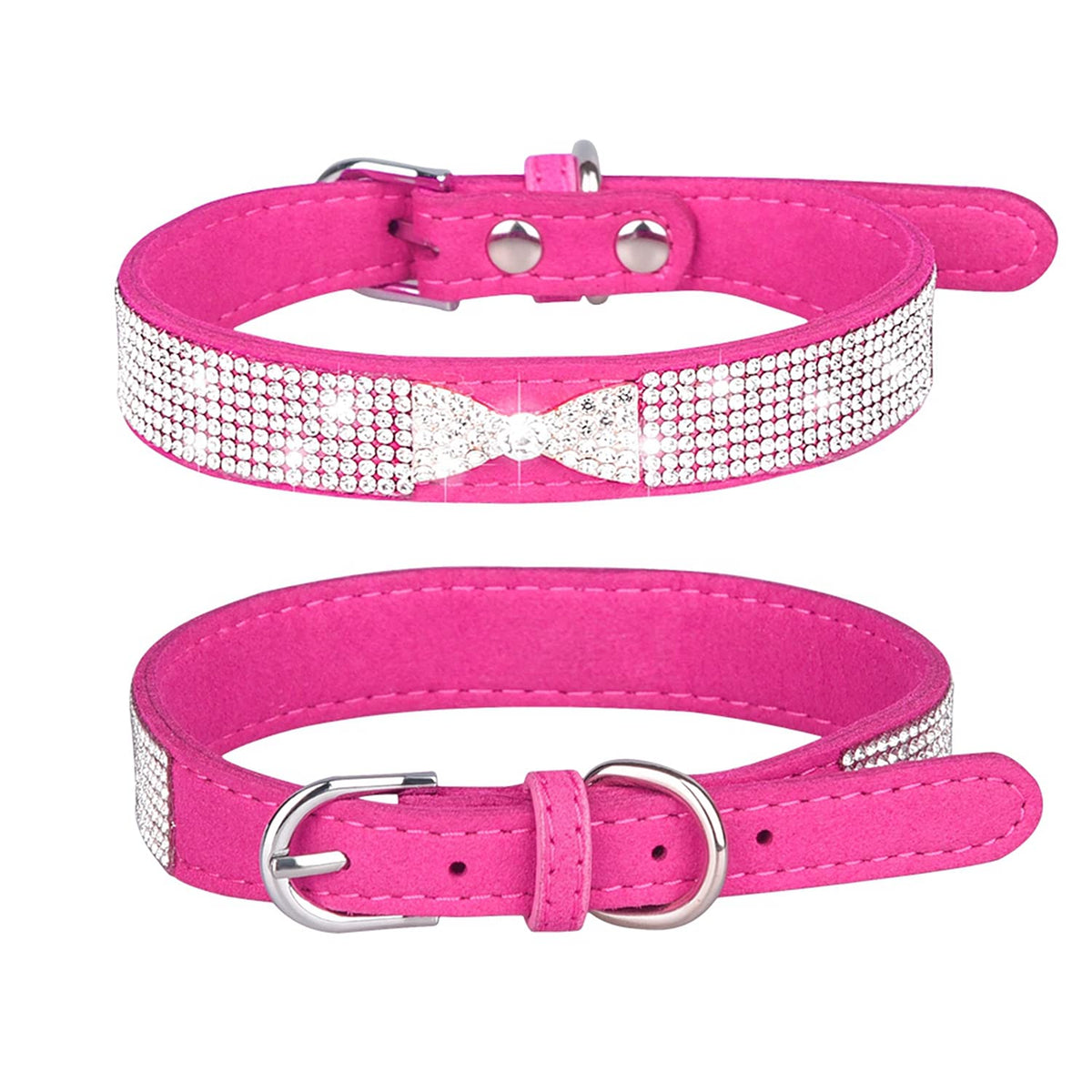 Pimaodog Rhinestone Dog Collar, Cute Dazzling Sparkling Soft Suede Leather Adjustable Pet Dog Cat Collar Crystal Diamond For Puppy Small Medium Large Dogs (L:38-46Cm, Hot Pink-3)