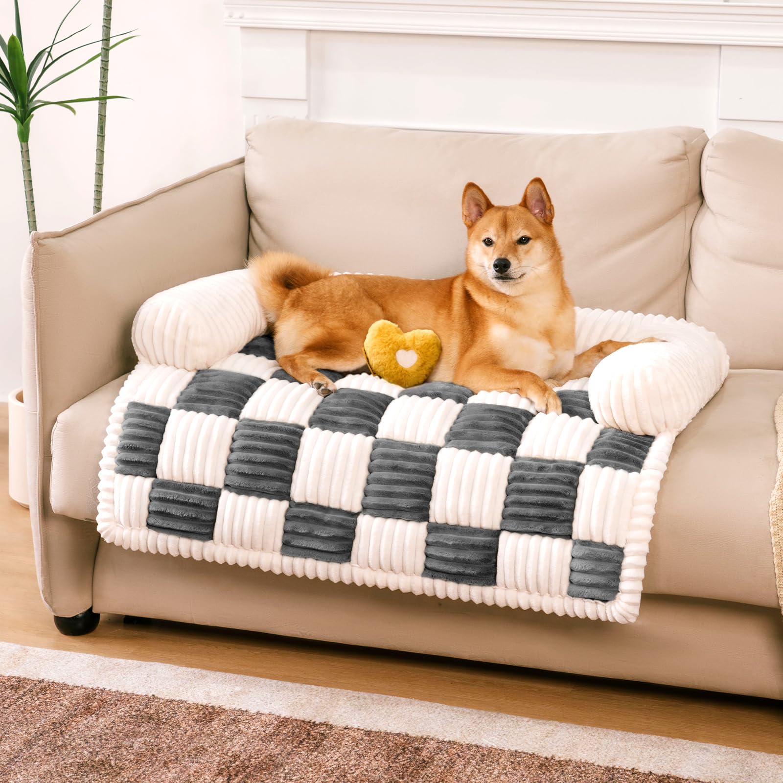 Funny Fuzzy Pet Couch Covers For Sofa, Dog Couch Cover Bed Washable Plush Pets Mat For Furniture Protector Cream Square Plaid Co