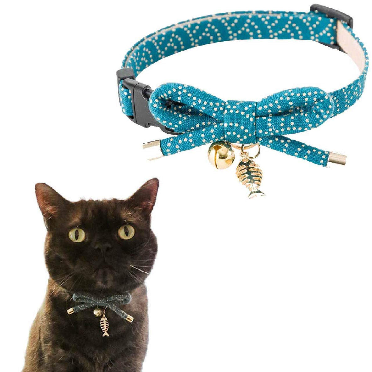 Necoichi Zen Fish Charm Cat Collar (Blue) With Bell Safety Breakaway Soft Lightweight For Cats Kitty Kitten Japanese Stylish Pattern, No.1 Seller In Japan