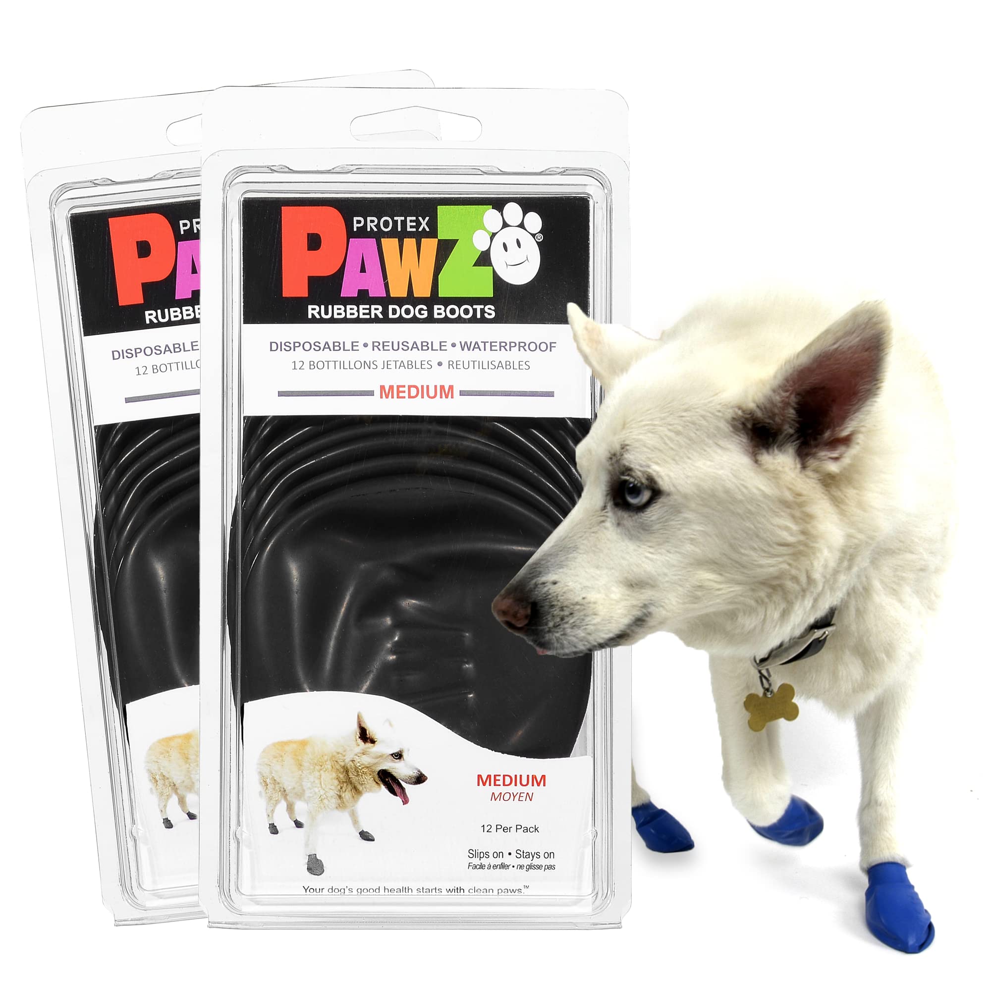 PawZ Rubber Dog Boots for Paws up to 3'', 24 Total (2 Packs of 12) - All-Weather Dog Booties for Hot Pavement, Snow, Mud, and Ra
