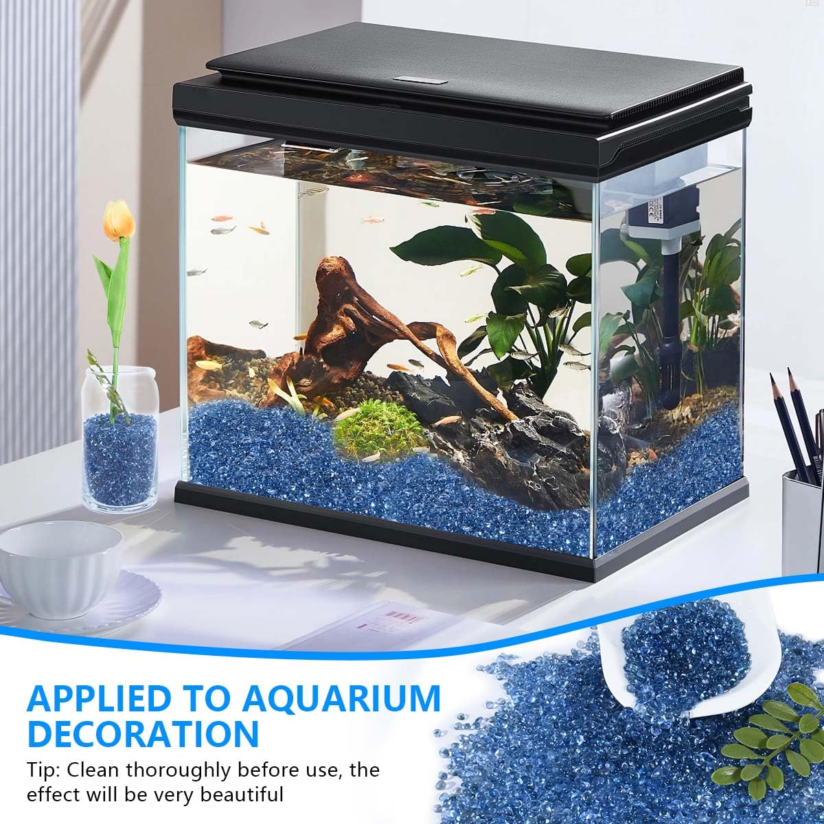 Kiseer Clear Aquarium Glass Stone Bulk 1 Lb Sea Glass Beads Gems Marbles Pebbles Gravel Rock For Aquarium, Fish Tank, Garden, Vase Fillers, Succulent Plants Decor (Sea Blue)