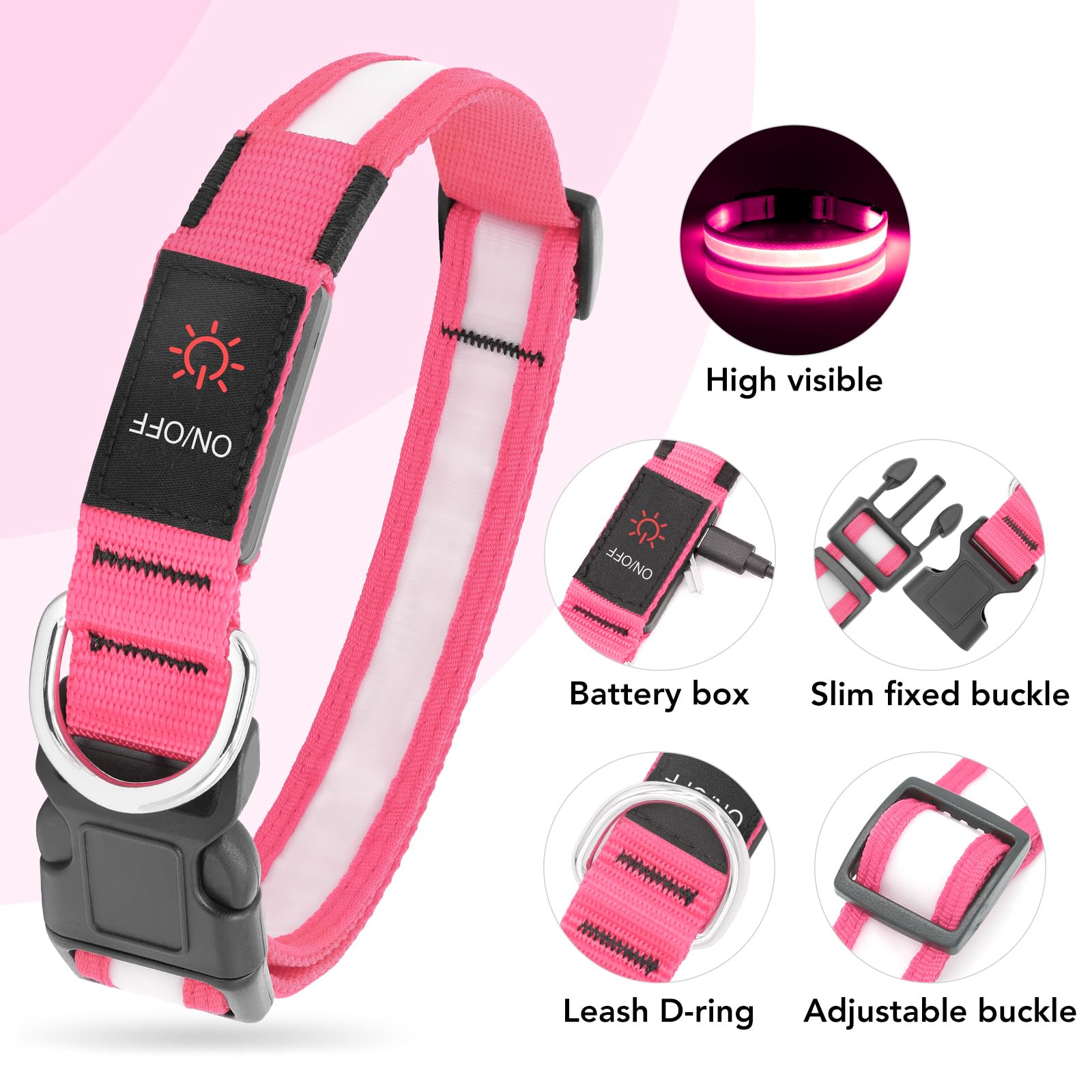 Vizpet Led Dog Collar, Light Up Dog Collar Adjustable Usb Rechargeable Super Bright Safety Light Glowing Collars For Dogs (Medium, Pink)