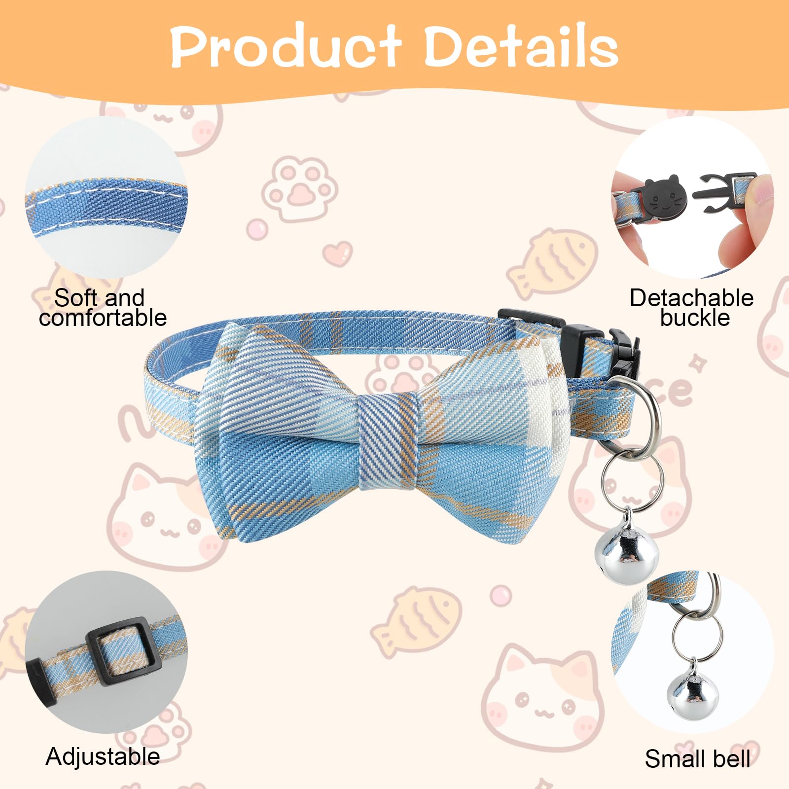 Jeffdad 2Pcs Cat Collar Breakaway, Cat Collar With Bells Bowtie Plaid Cat Collar Adjustable For Kitten Puppy And Small Pets (Blu