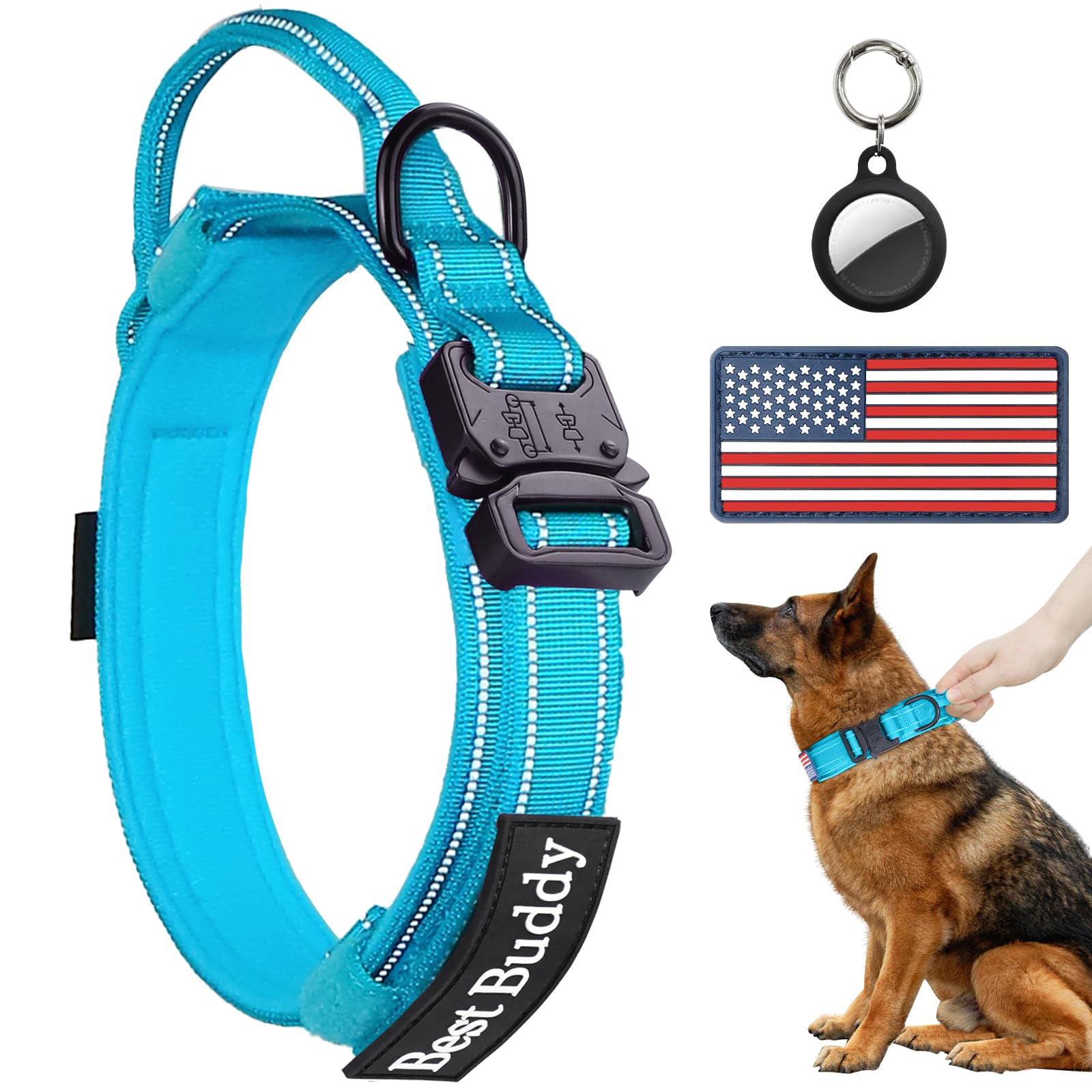 AUBELL Reflective Tactical Dog Collar,Adjustable Military Heavy Duty K9 Collars with Handle and Quick Release Metal Buckle Great