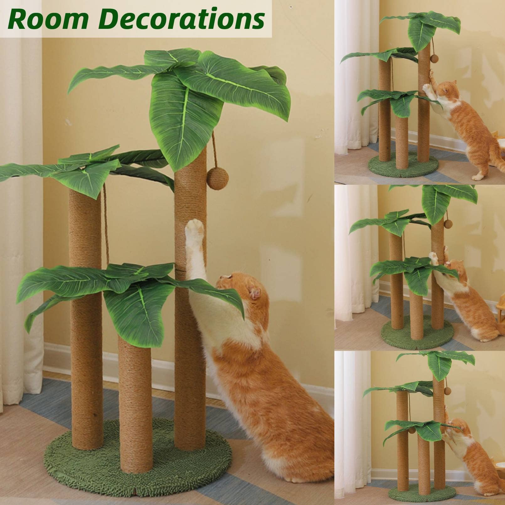 Fhiny 35.4'Tall Cat Scratching Post, Cat Scratcher With 3 Scratching Poles For Adult Kitten Scratching Tree Hanging Ball Toy Cute Canna Vertical Kitty Activity Center For Indoor Large Cat Kitty Rabbit