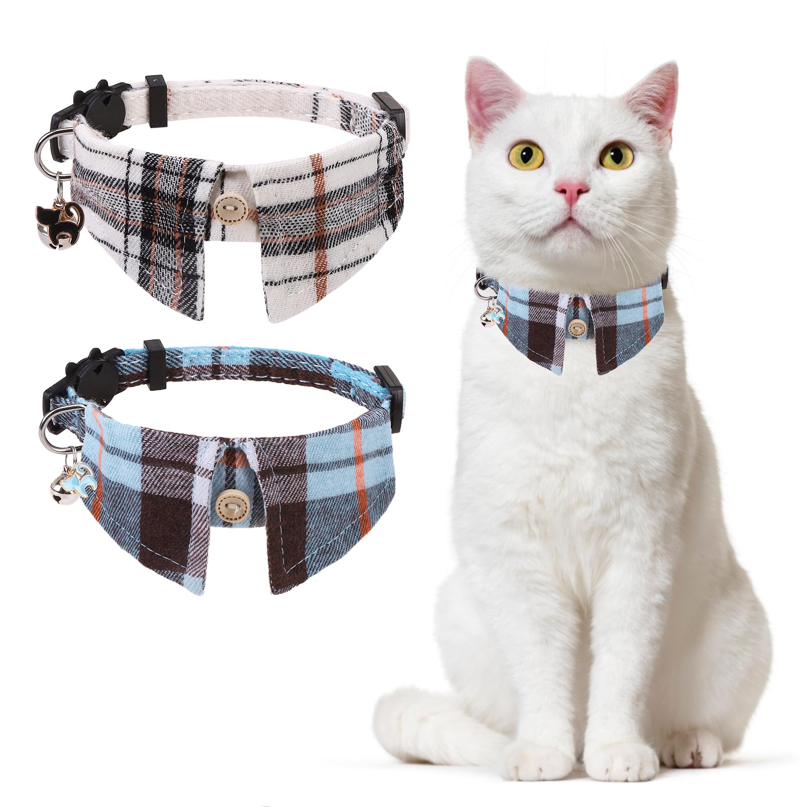 Dillybud Cat Collar With Bells Breakaway, Shirt Cat Collar For Girl Boy Cats With Removable Bow Tie Collar, 2 Pack Cute Plaid Ki