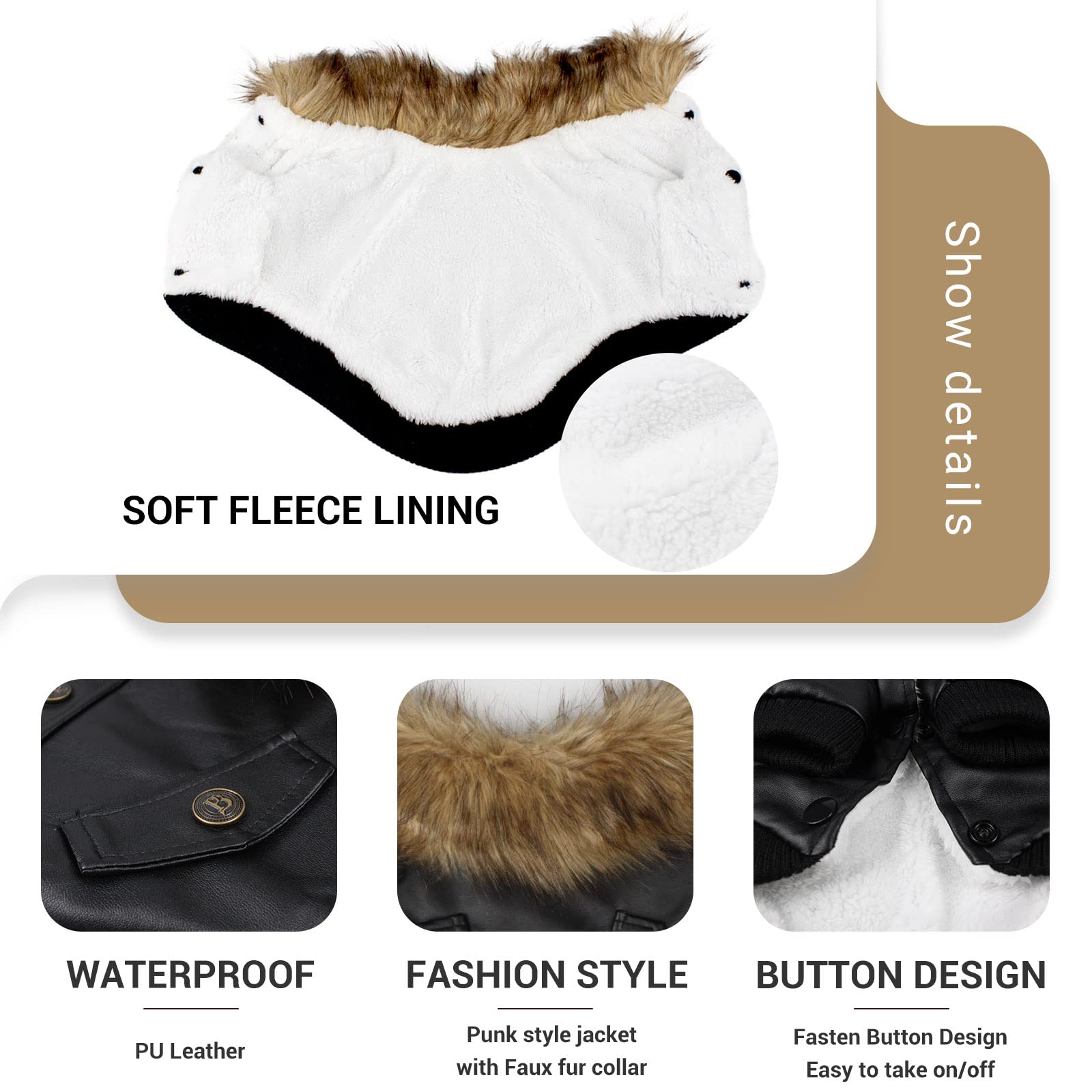 Lesypet Warm Dog Jacket Winter Dog Coats Windproof Waterproof Fleece Lined Dog Leather Jackets For Small Dogs Puppy Black Large