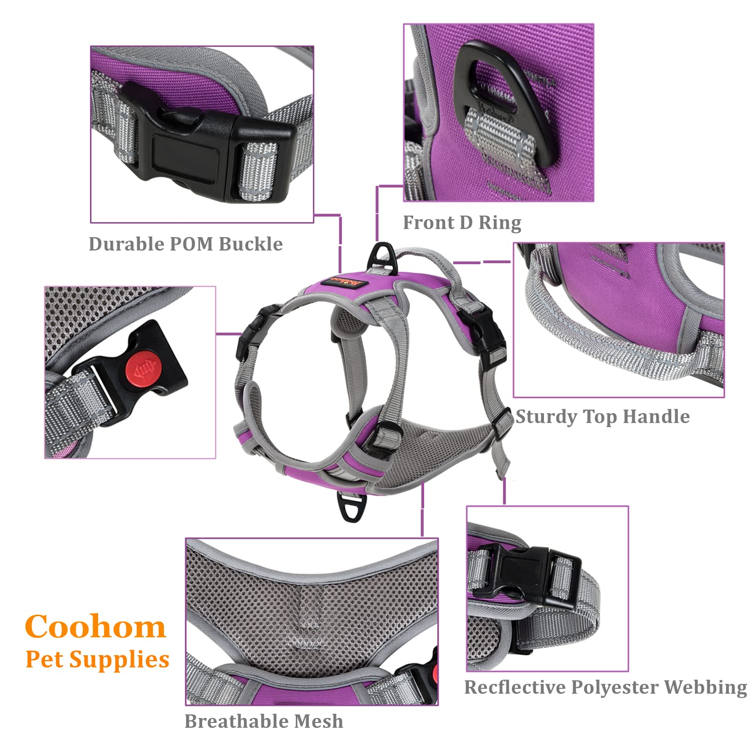 Coohom No Pull Dog Harness With Handle And Two Leash Attachments,Adjustable Outdoor Pet Harness With Reflective Oxford Material