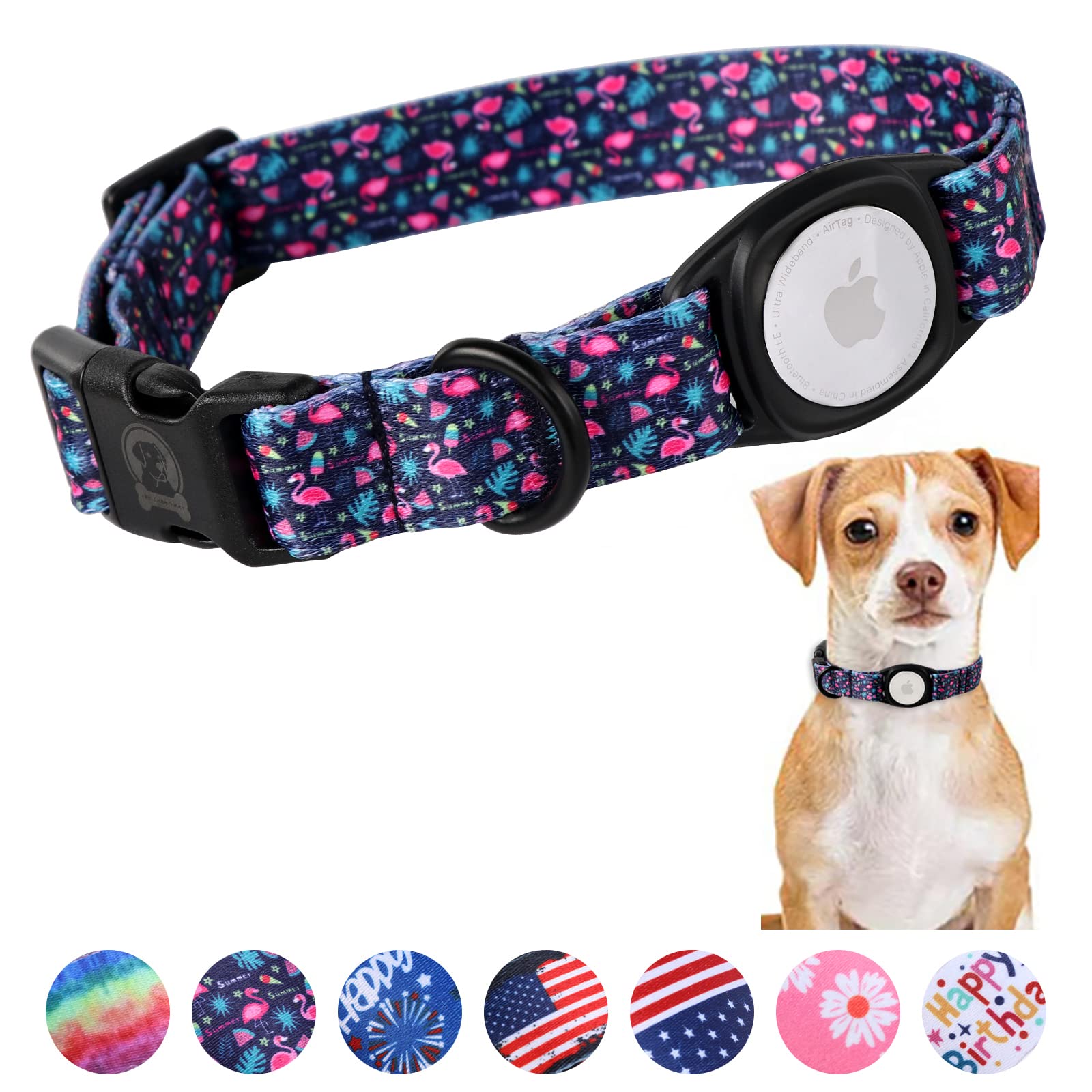 Mr.Chubbyface Spring Summer Dog Collar With Apple Airtag Holder Flamingos Dog Collar For Small Medium Large Boy Girl Dogs