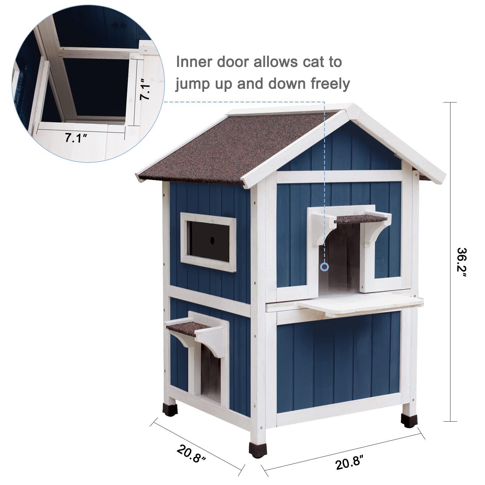 Hicaptain Weatherproof Cat House For Outdoor, 2 Story Feral Cat House With Balcony And Escape Door, Outside Wooden Pet Shelter F