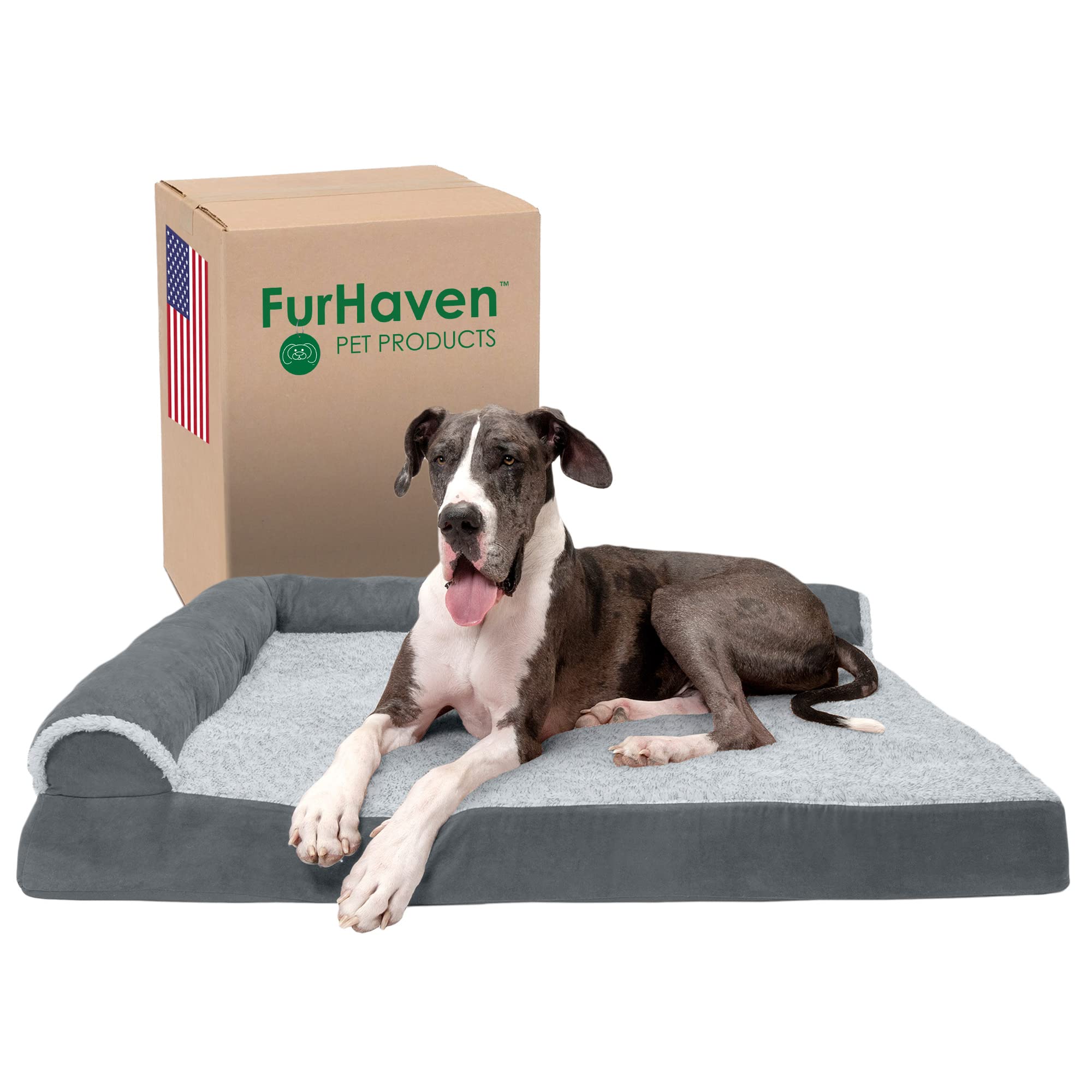 Furhaven Orthopedic Dog Bed For Large Dogs W/ Removable Bolsters & Washable Cover, For Dogs Up To 125 Lbs - Two-Tone Plush Faux 