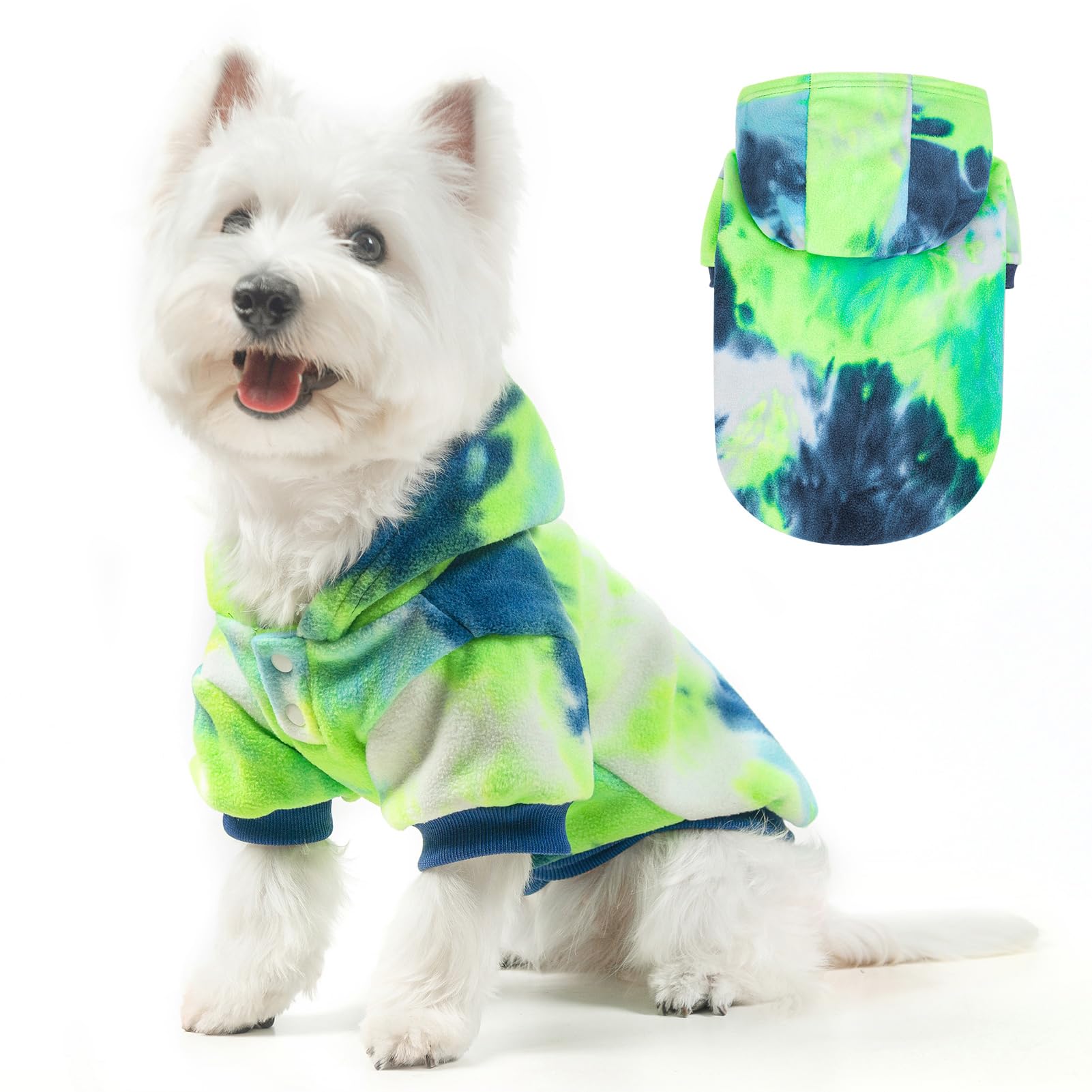 Beautyzoo Tie Dye Hoodie For Small Dogs, Sweatshirt Cold Weather Coat, Winter Sweater Fleece Clothes With Pocket, Green And Blue