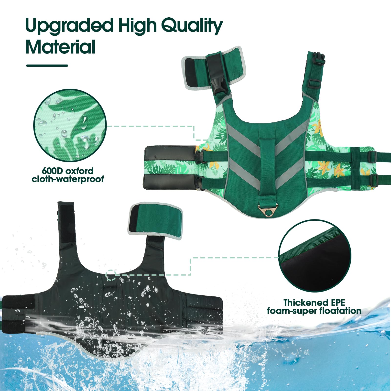 Kuoser Dog Life Jacket (DarkGreen, Large) - Adjustable High Visibility Ripstop Vest with Reflective Stripes, Top Handle & Leash