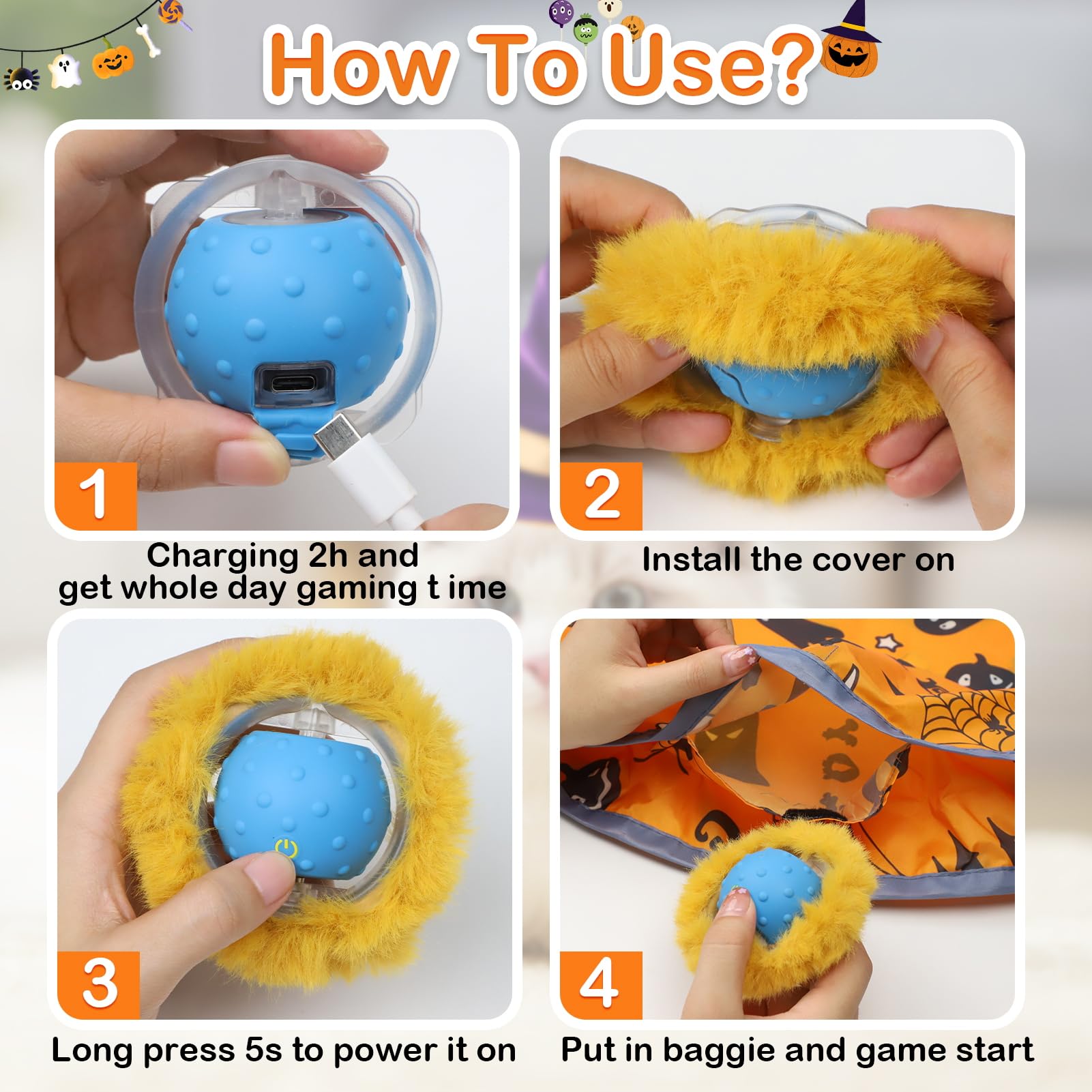 Giociv Interactive Cat Toy Ball - Fast Rolling, Motion Activated Chirping, Hide and Seek Mouse Game for Halloween Party