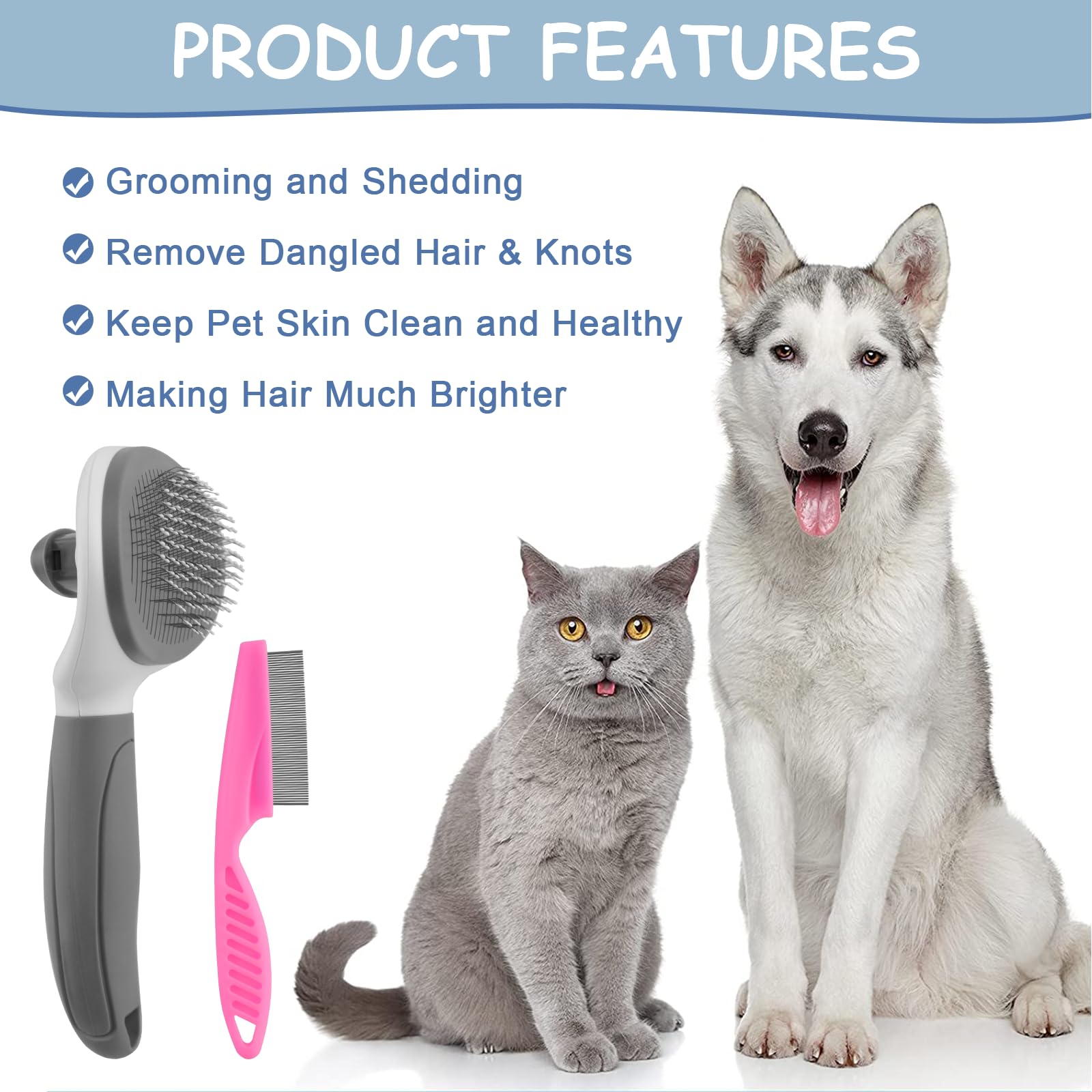 Cat Brushes For Indoor Cats, Dog Brush For Shedding With Metal Cat Comb, Self Cleaning Pet Hair Brush With Release Button For Gr