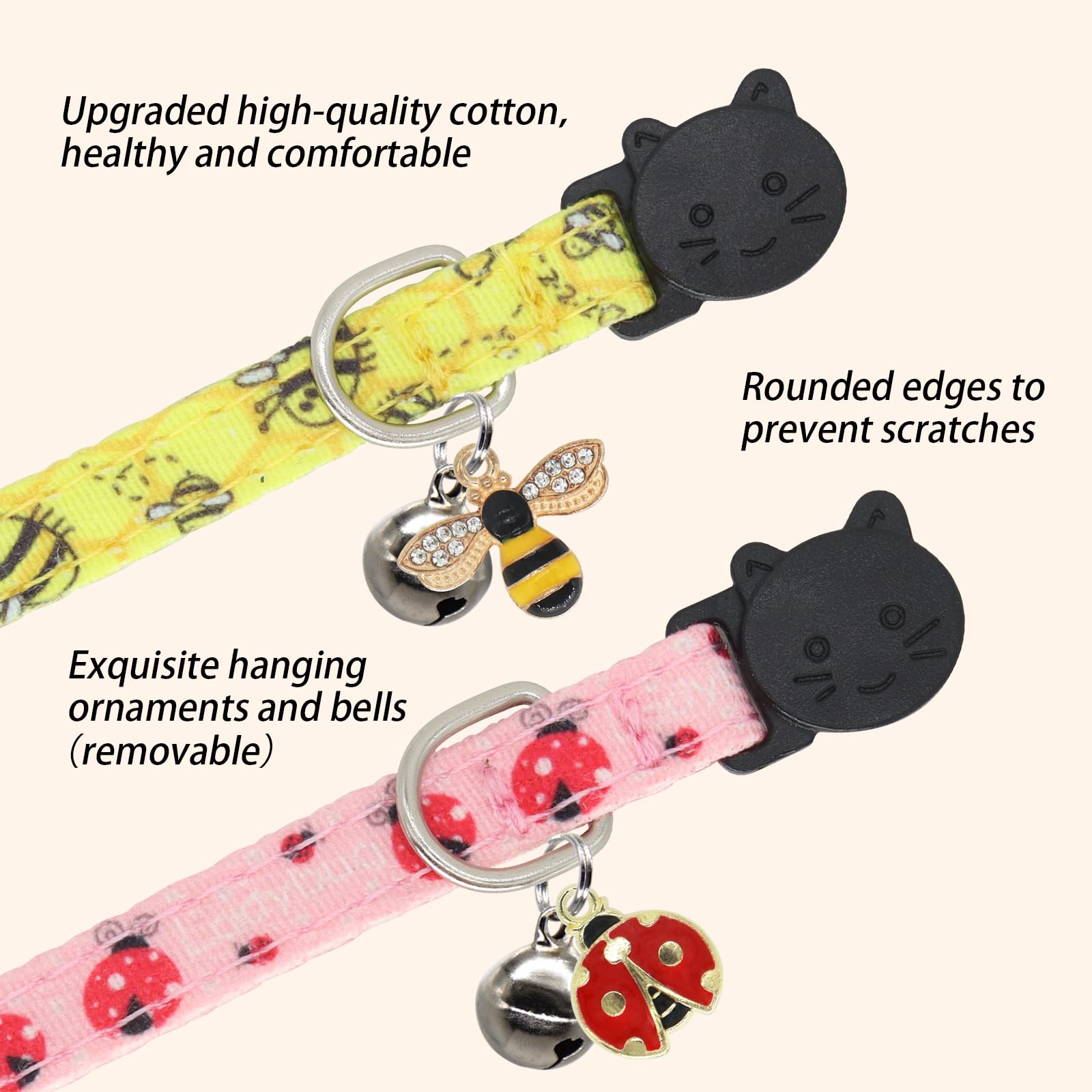 Giecooh Cotton Cat Collar, 2 Pack Breakaway Cats Collars With Bells, For Girl Boy Kittens, Bee And Ladybug