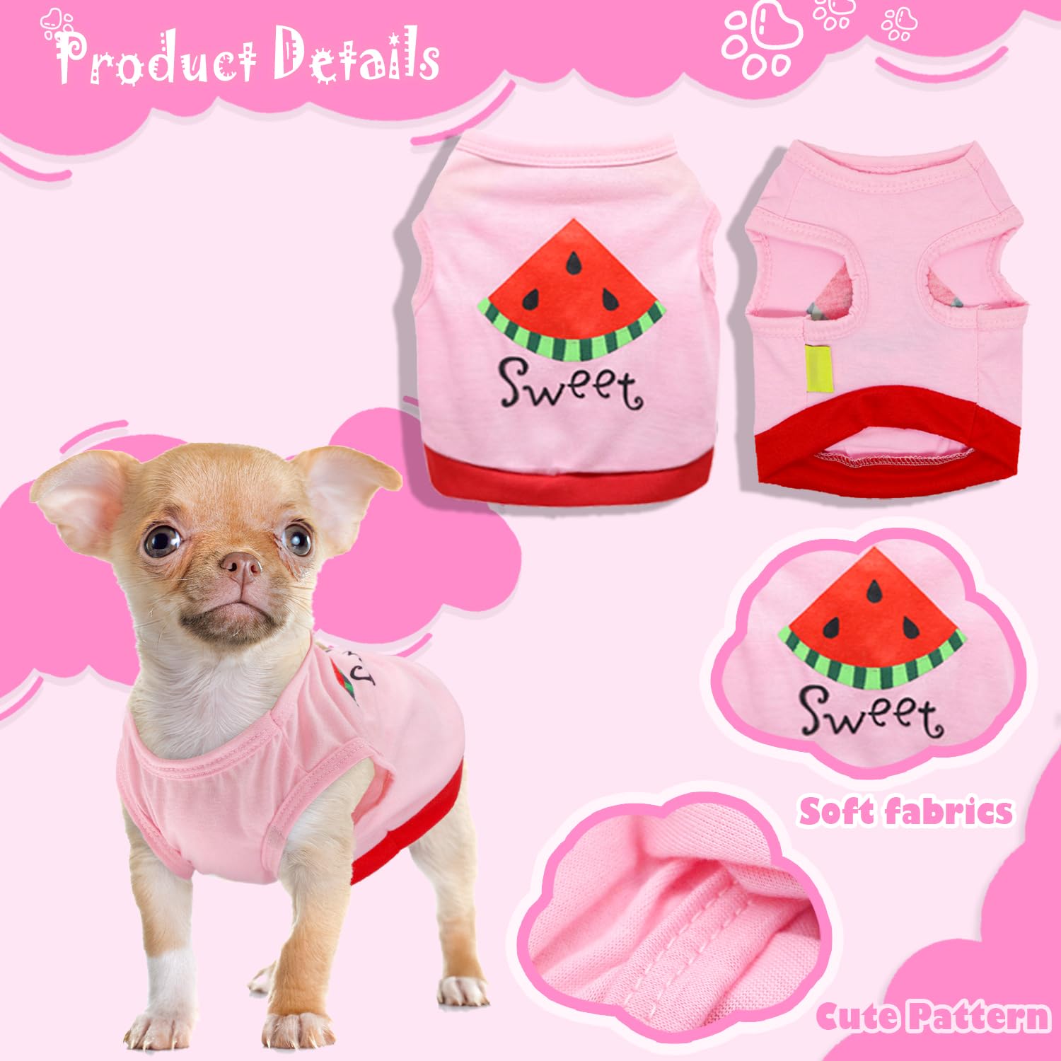 4- Pieces Chihuahua Dog Clothes For Small Dogs Girl Cute Pink Puppy Shirt Pet Tank Top Outfit For Female Dogs, Yorkie, Toy Poodl
