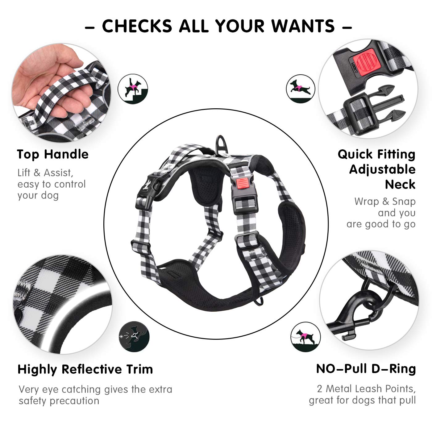 Poypet No Pull Dog Harness, [Neck Release] Reflective Adjustable No Choke Pet Vest With Front & Back 2 Leash Attachments, Soft C