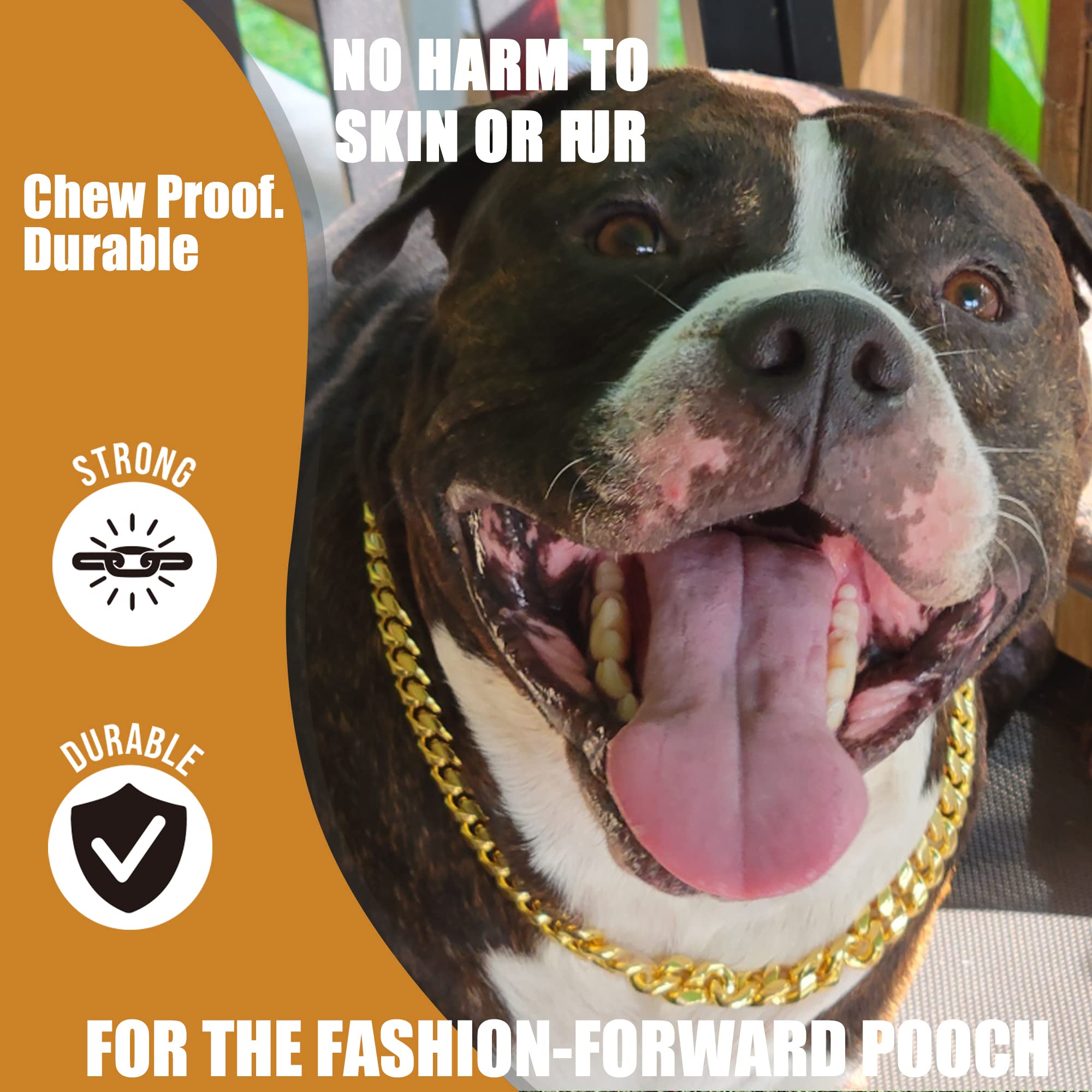 Luxlife Gold Cuban Link Dog Collar, 10Mm Stainless Steel, 5 Layer 18K Gold Plated, 'O' Lock, Bell & Bone Tag, Small To Large Dog