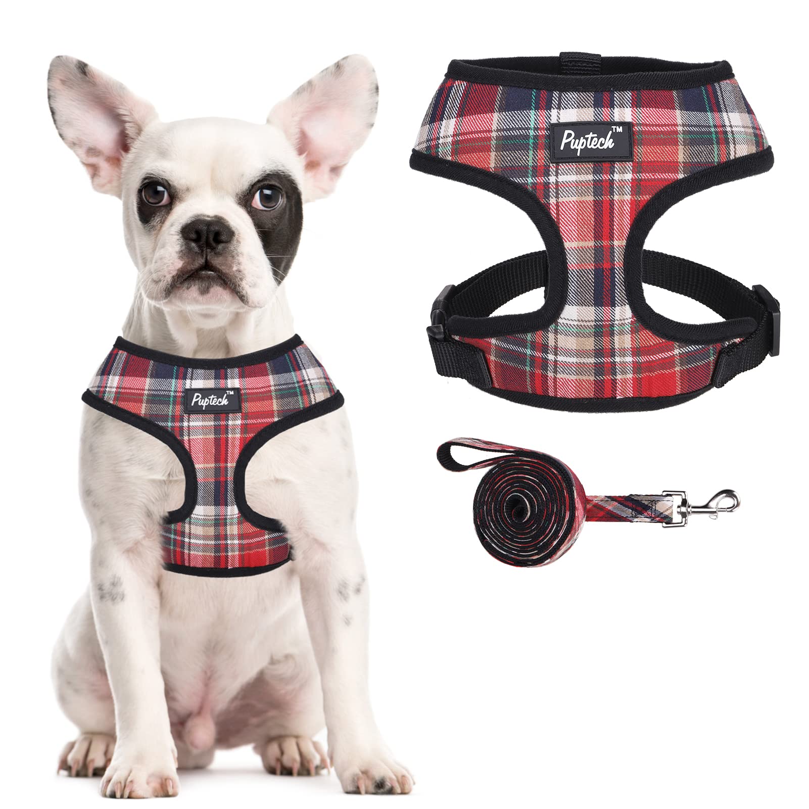 Pupteck Soft Mesh Dog Harness And Leash Set Pet Puppy Cat Comfort Padded Vest No Pull Harnesses, Red Mixed, Xs