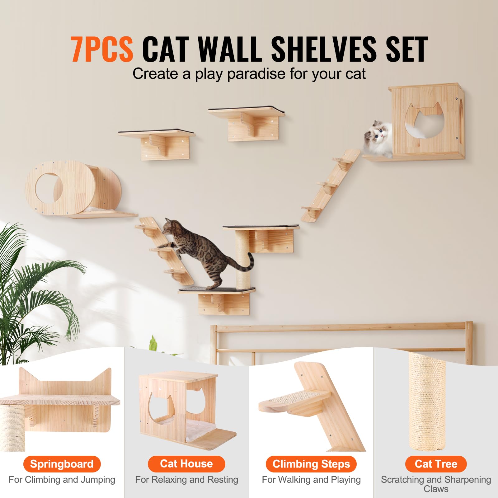 VEVOR Wall Mounted Cat Shelves and Perches with Jumping Boards, Cat Beds, Hammocks & Tree, Up to 40 lbs for Sleeping, Playing, C