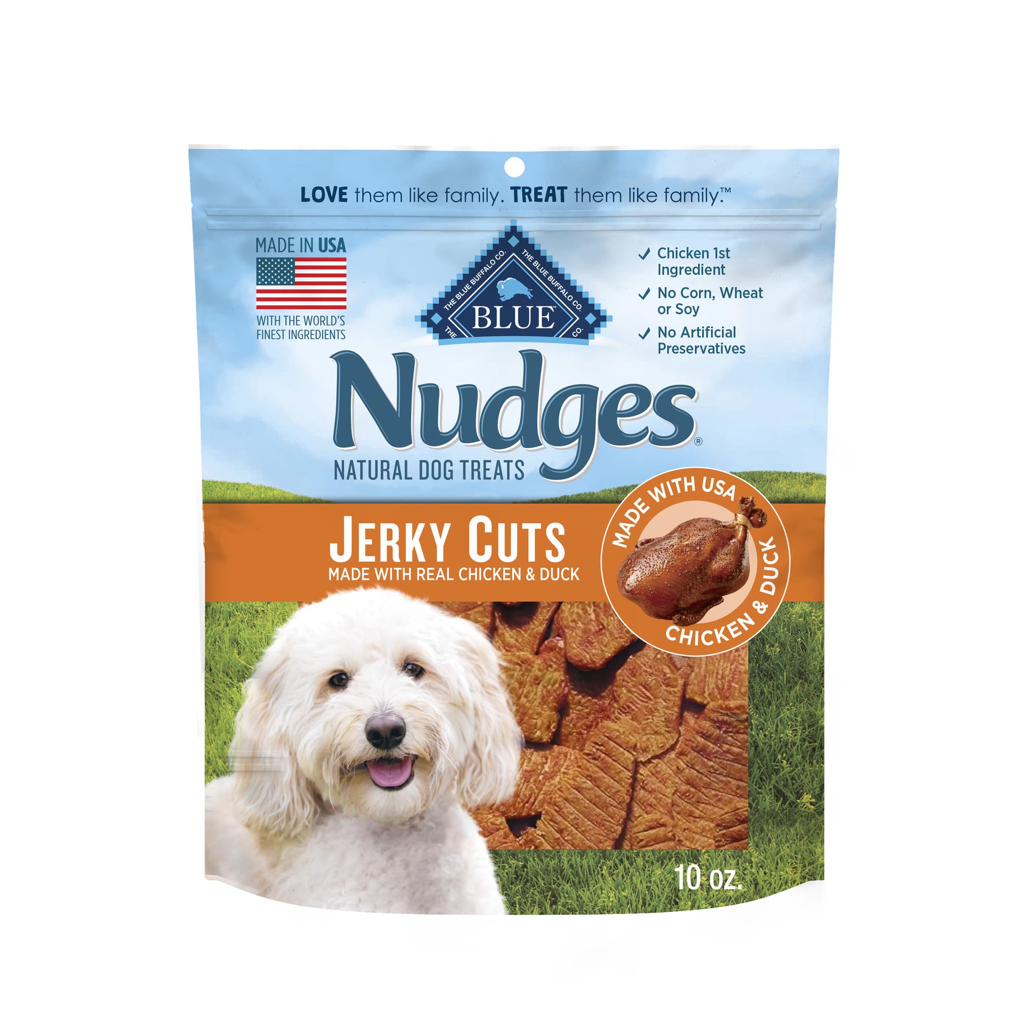 Blue Buffalo Nudges Jerky Cuts Dog Treats, Made in the USA with Natural Ingredients, Chicken & Duck, 10-oz. Bag