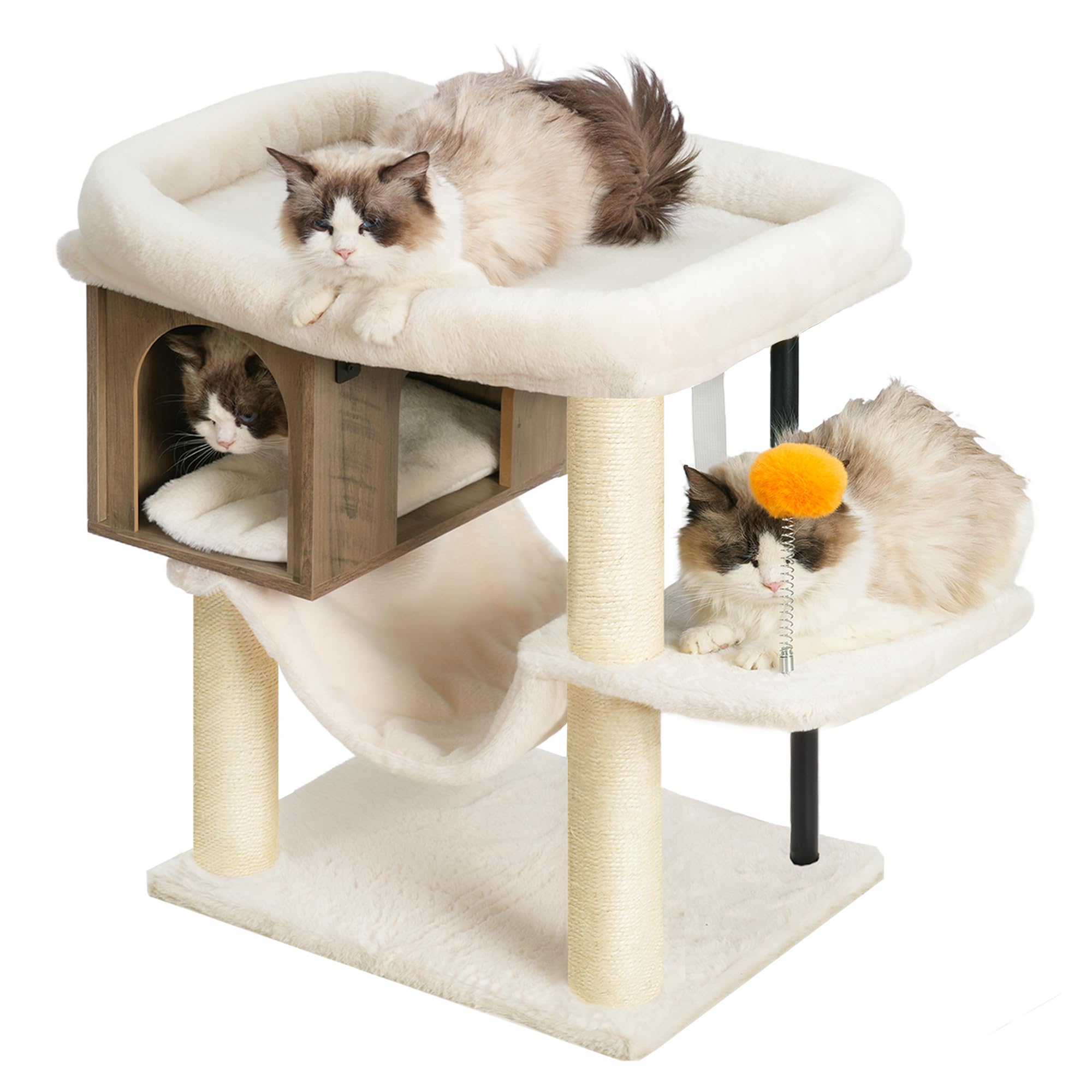 Heybly Cat Tree Tower, Wooden Cat Condo Cave For Indoor Kittens, Large Platform For Adult Cat, Big Padded Perch For Maine Coon, 