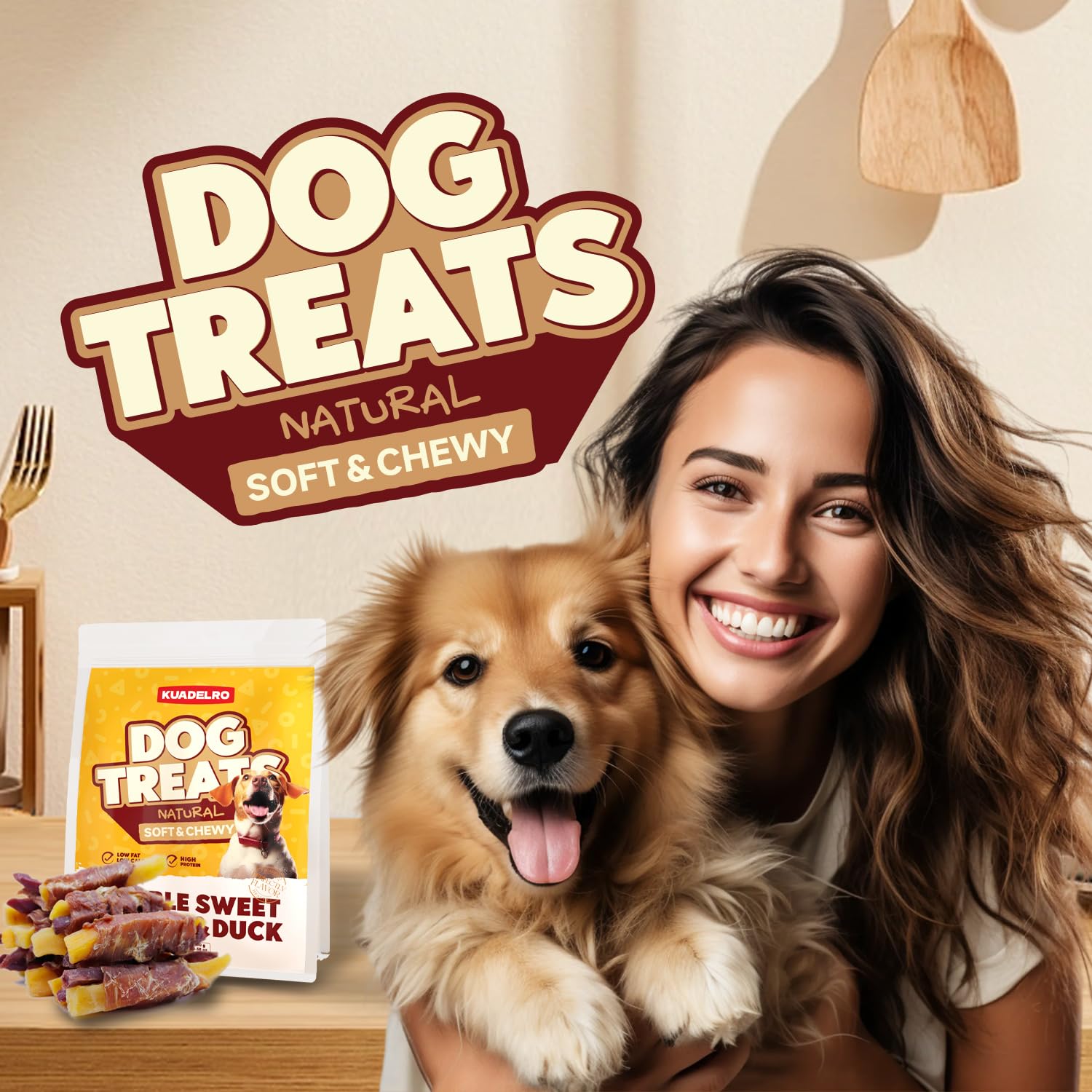 KUADELRO Sweet Potato Dog Treats, Duck Wrapped Double Sweet Potato Dog Jerky Low Fat Training Treats Healthy Chews for Small Med