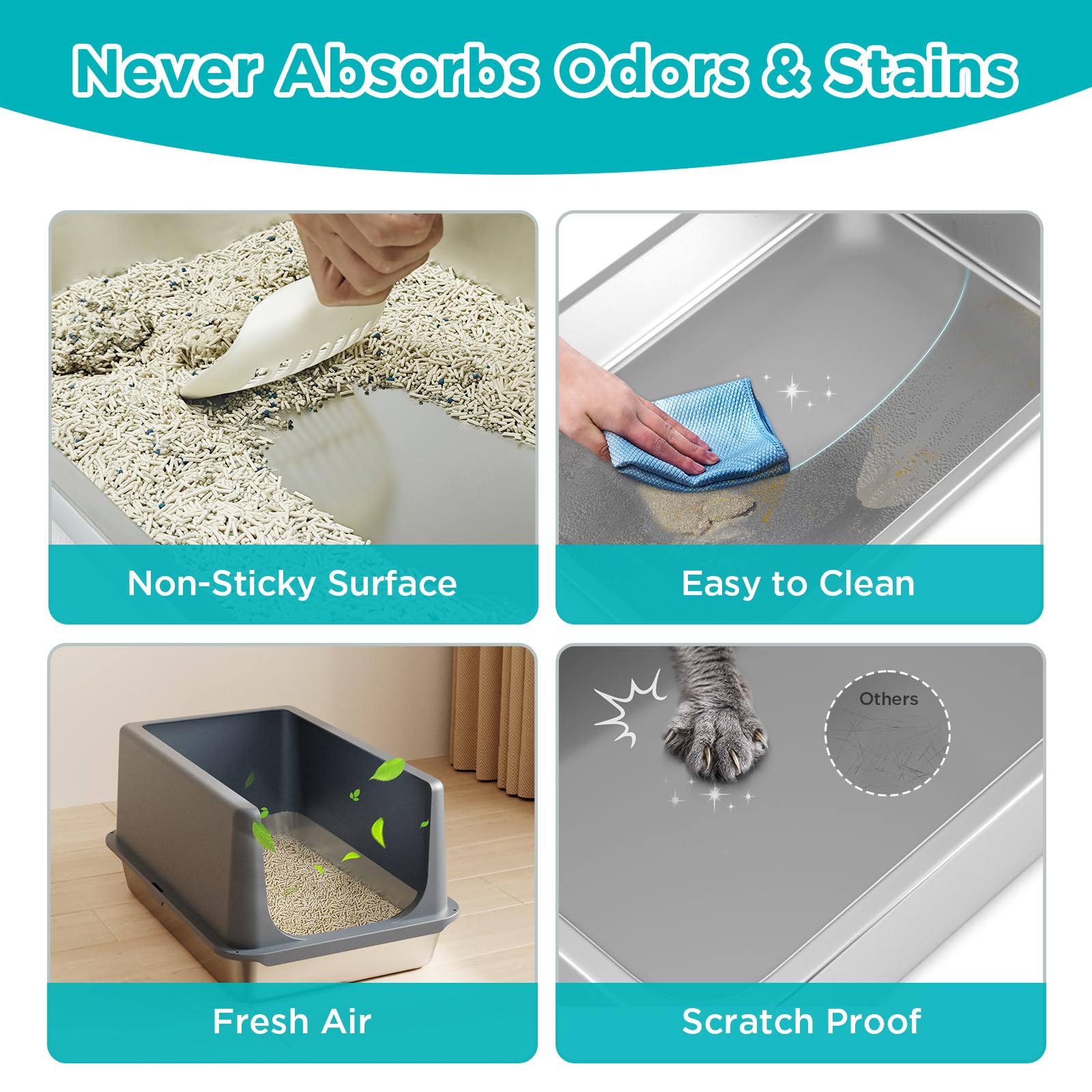 Lihong Stainless Steel Litter Box With Lid, Xl Metal Cat Litter Pan, Non-Sticky Large Kitty Box, Anti-Leakage, 23.5' X 15.6' X