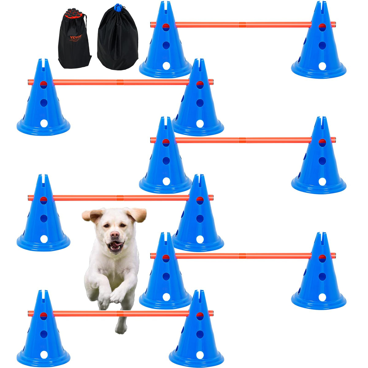 Vevor 6 Sets Dog Agility Hurdle Cone Set, 12 Agility Cones 6 Agility Rods 2 Rod Buckles, Dog Agility Course Backyard Set Puppy Obstacle Course Jump With Storage Bag, Pet Outdoor Games