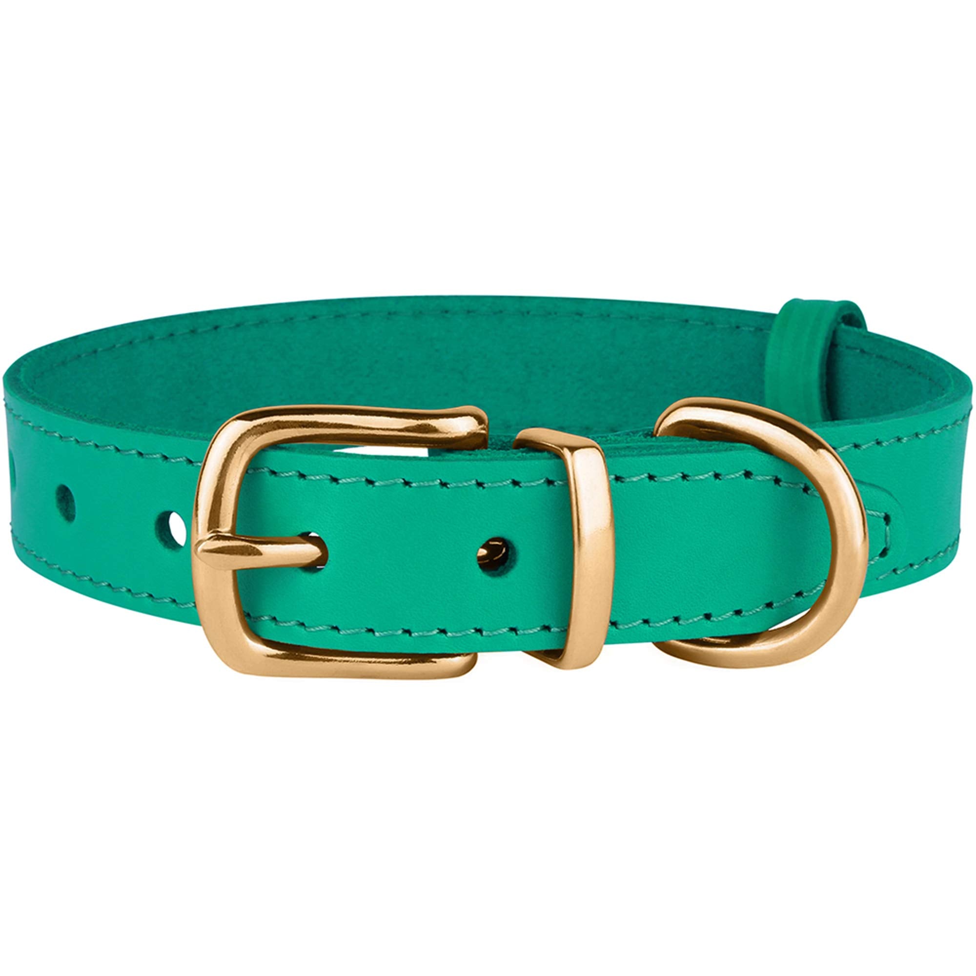 Bronzedog Leather Dog Collar With Qr Id Tag Basic Pet Collars For Small Mini Dogs Cats Puppies (7-9 Inch (Pack Of 1), Green & Gold Buckle)