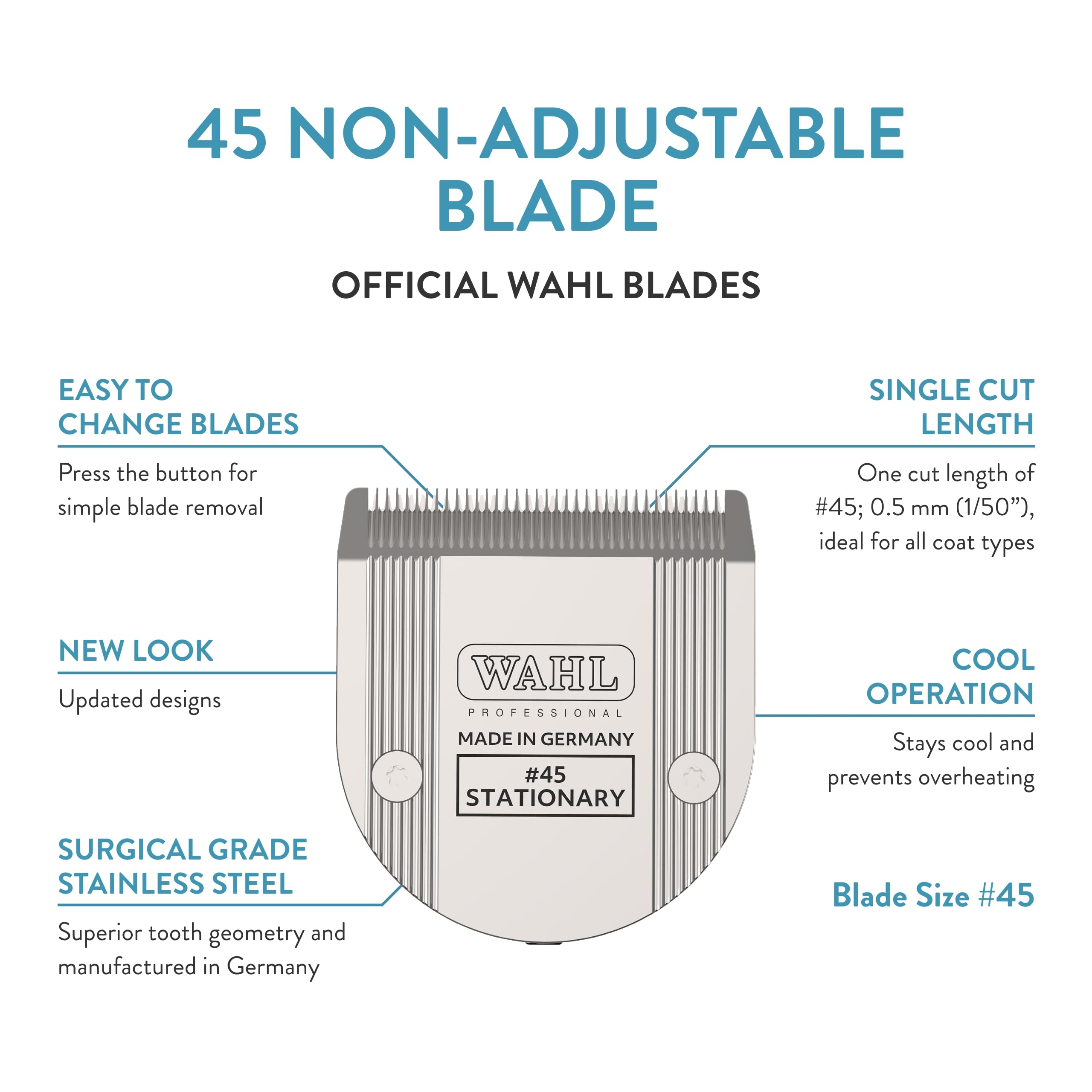 Wahl Professional Animal #45 Non-Adjustable Blade Arco, 5 Style Groom, Bravura, Chromado, Creativa & Figura 5-In-1 Pet, Dog & Horse Clippers (#41873-7190) Clipper Replacement Blades - Silver
