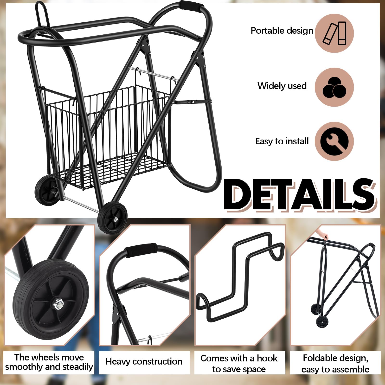 Kritkin Horse Saddle Tack Cart With Wheels, Rolling Iron Heavy Duty Trailer Organizer With Hooks Foldable Horse Cinch Equipments