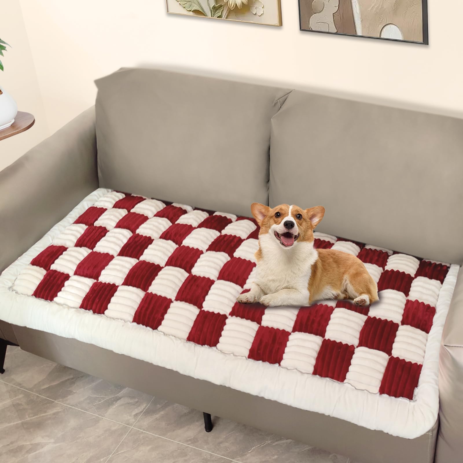 Fuzzy Warm Dog Bed Cover Pet Friendly Couch Protector Anti-Slip Washable Sofa Cover For Dogs Pet Hair Resistant Mat(Plush Red,23