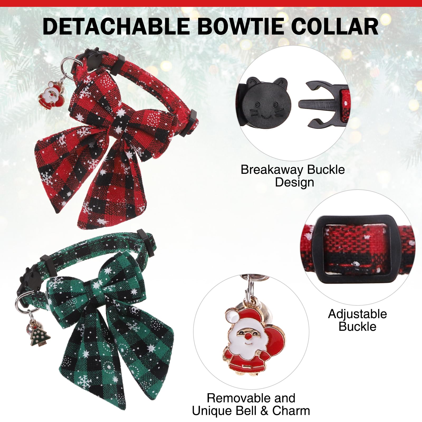 Dillybud Christmas Cat Collar With Bells & Cute Pendant - Breakaway With Removable Bow Tie For Girl Boy Cats, 2 Pack Holiday Kit