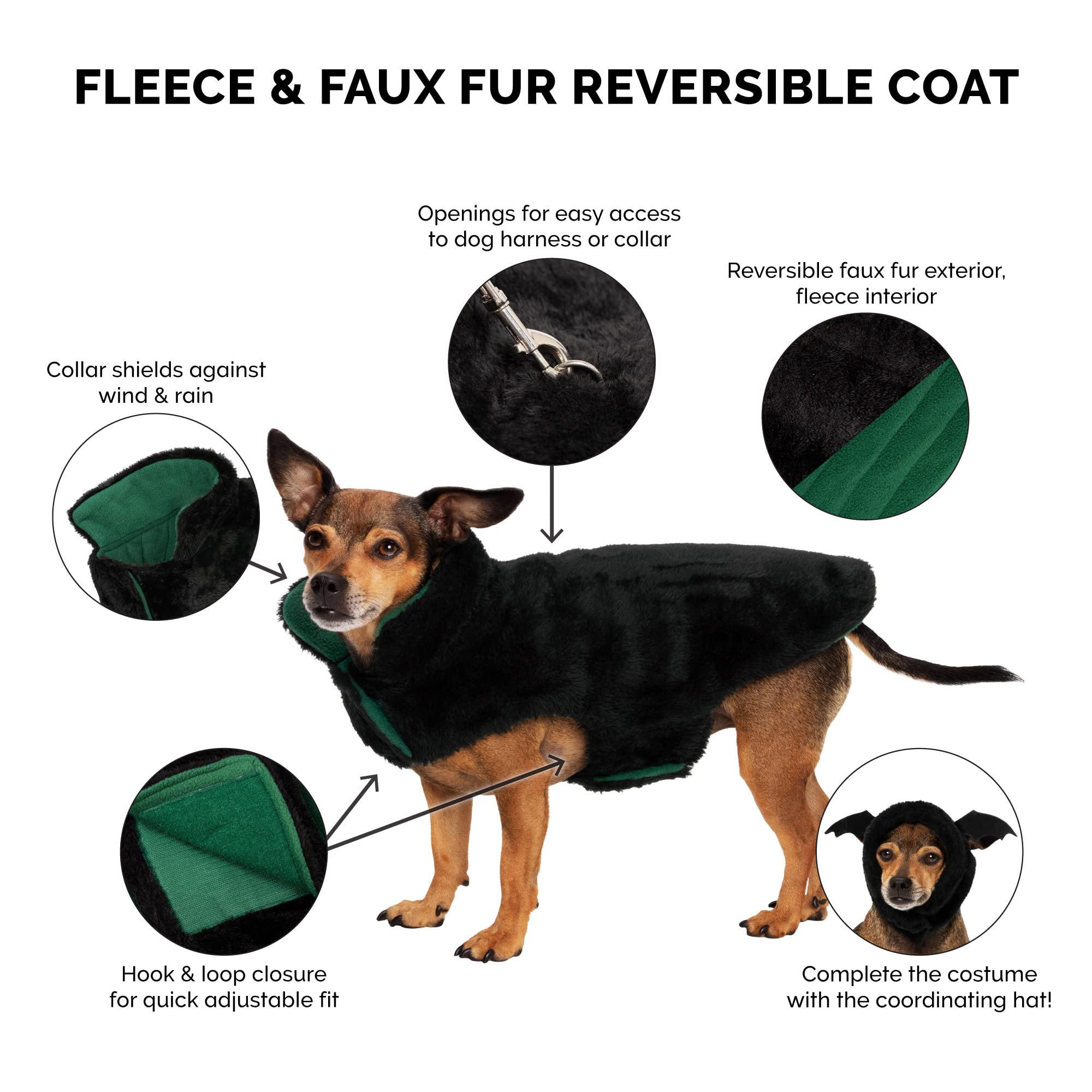 Furhaven Reversible Small Dog Coat, Washable & Insulating W/ Leash Access - Faux Fur & Quilted Fleece Flex-Fit Jacket - Black/Green, Small