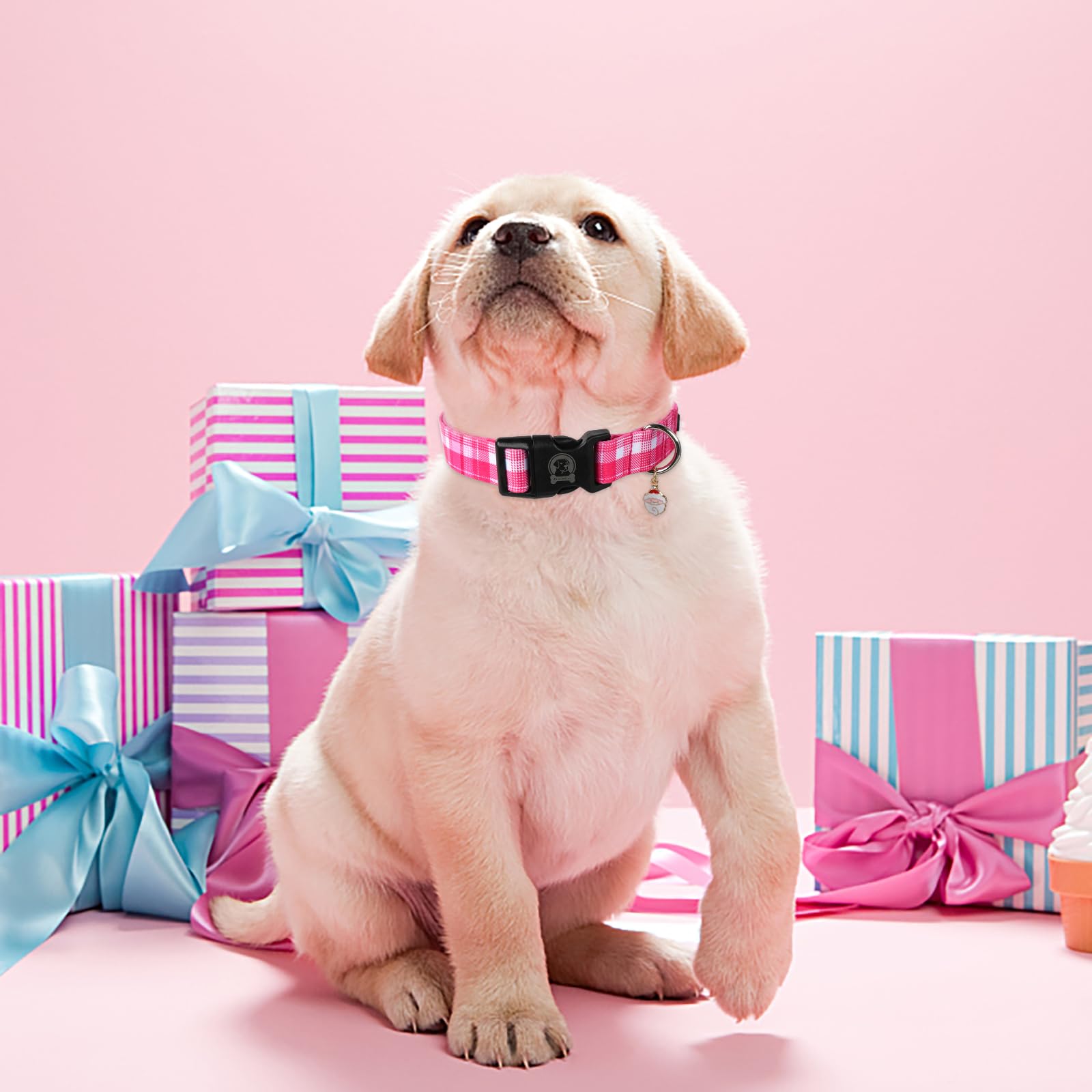 Mr. Chubbyface Christmas Webbing Dog Collar, Pink Plaid Pet Collar With Adjustable Buckle Christmas Collars For Small Medium Lar