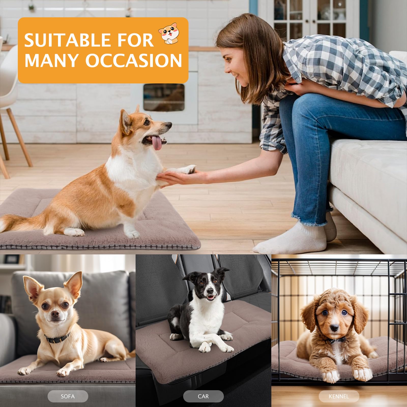 Vetasac Dog Bed Mat, Soft And Warm Pet Cushion, Dual Purpose Washable Mattress Bed For Small Medium Large Dog And Cat Sleeping Xb004 (24'X18', Khaki)